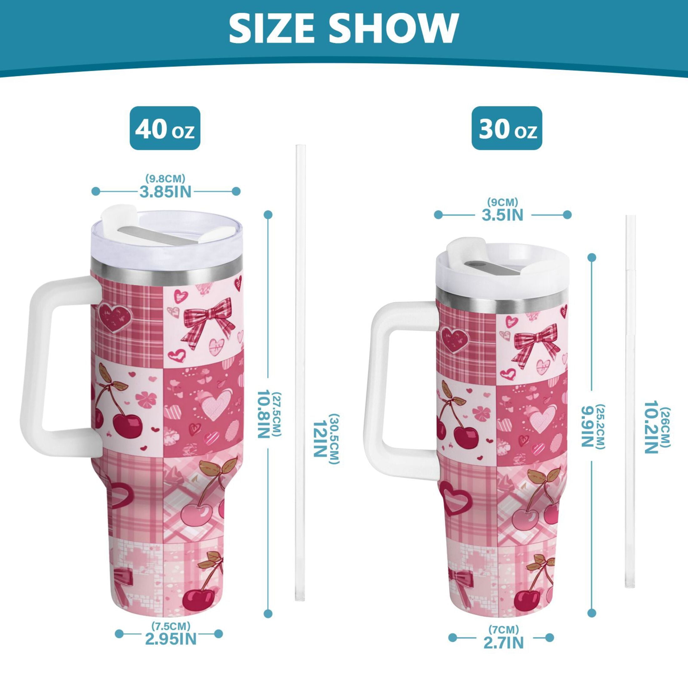 30 oz Insulated Stainless Steel Tumbler Double Wall Stainless Steel Tumbler with 2-Way Drinking Cherry Pattern with Bows - Choice 897