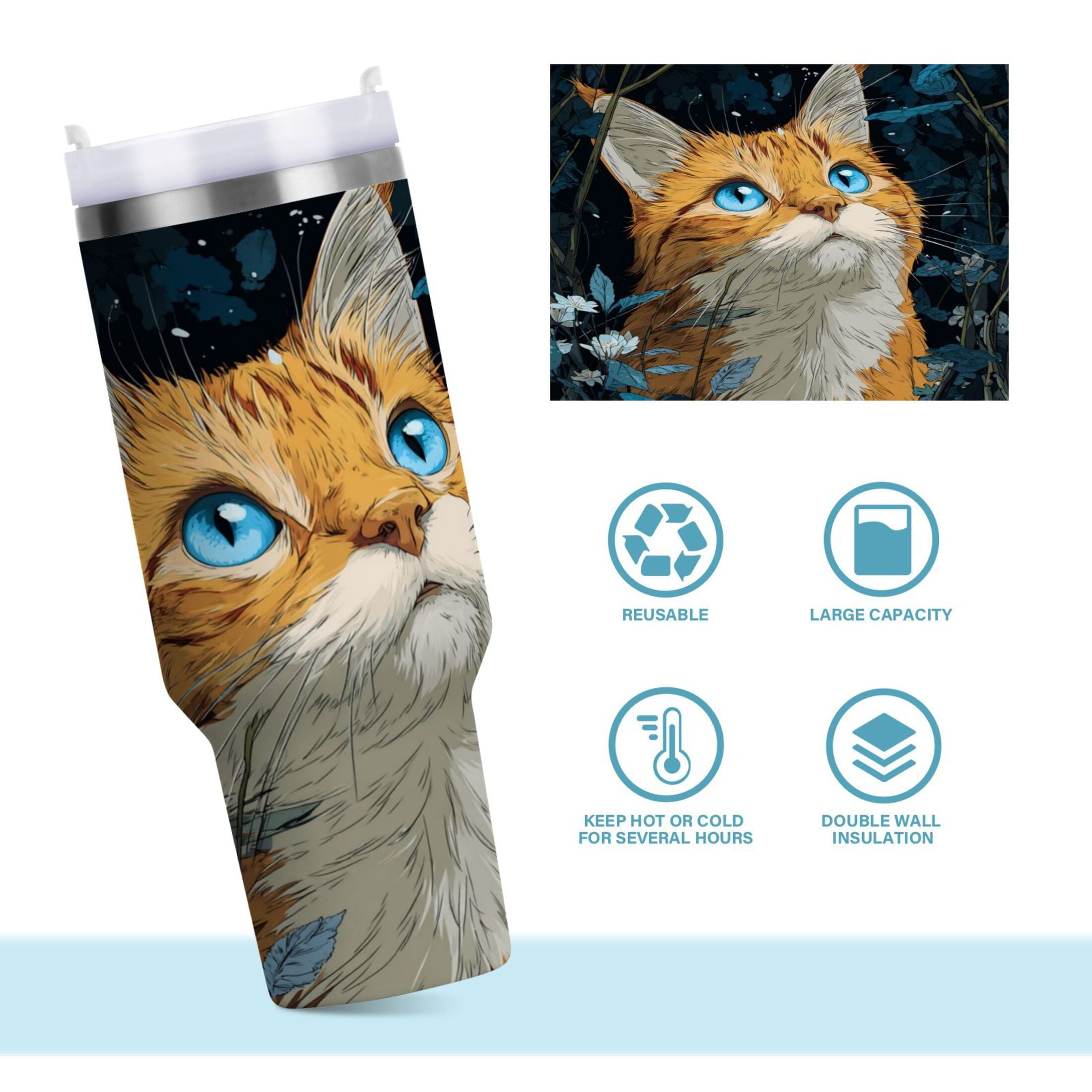 30 oz Insulated Stainless Steel Tumbler Double Wall Stainless Steel Tumbler with 2-Way Drinking Orange Cat with Blue Eyes - Choice 758