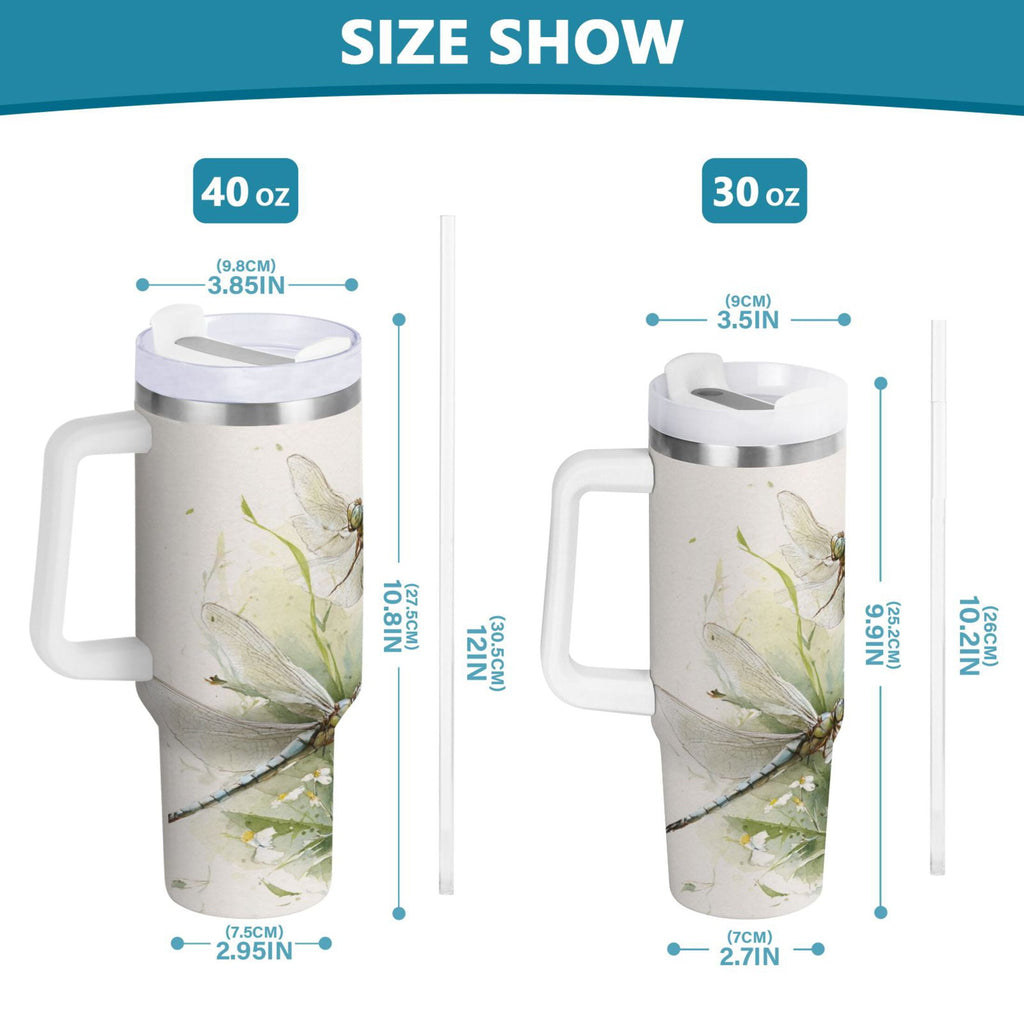 30 oz Insulated Stainless Steel Tumbler Double Wall Stainless Steel Tumbler with 2-Way Drinking Dragonflies with White Daisies - Choice 723
