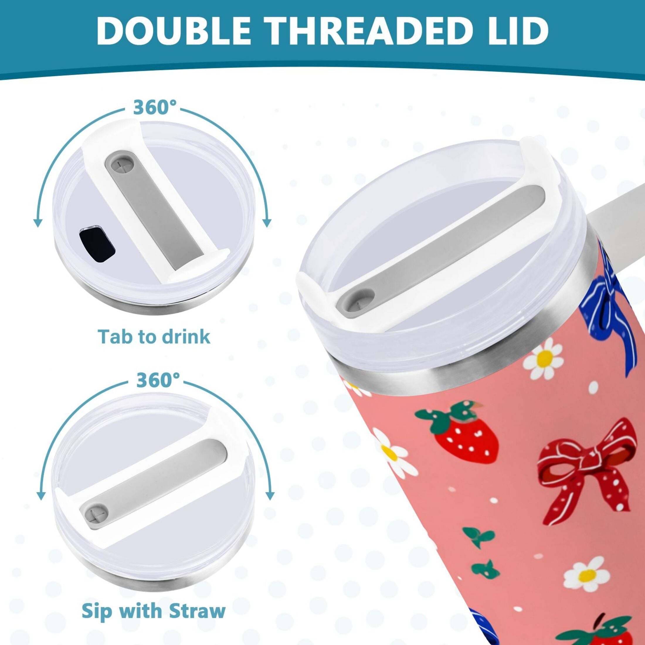 40 oz Insulated Stainless Steel Tumbler Double Wall Stainless Steel Tumbler with 2-Way Drinking Bows and Strawberries Pattern - Choice 232
