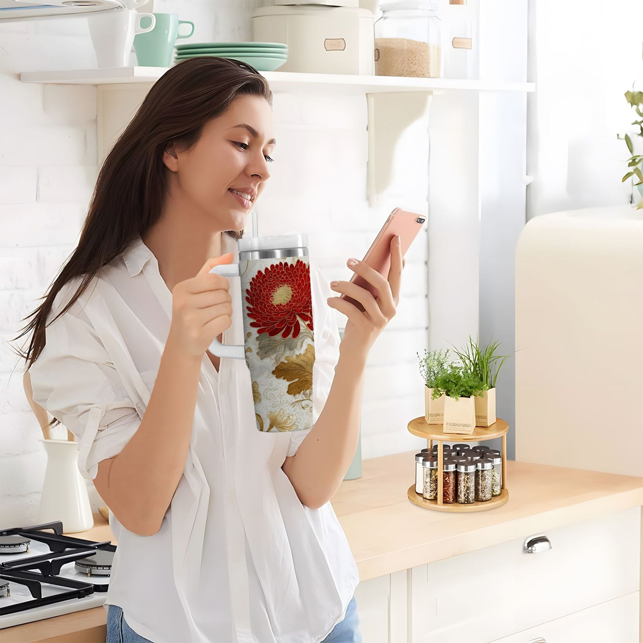 30 oz Insulated Stainless Steel Tumbler Double Wall Stainless Steel Tumbler with 2-Way Drinking Red Chrysanthemum Pattern - Choice 790