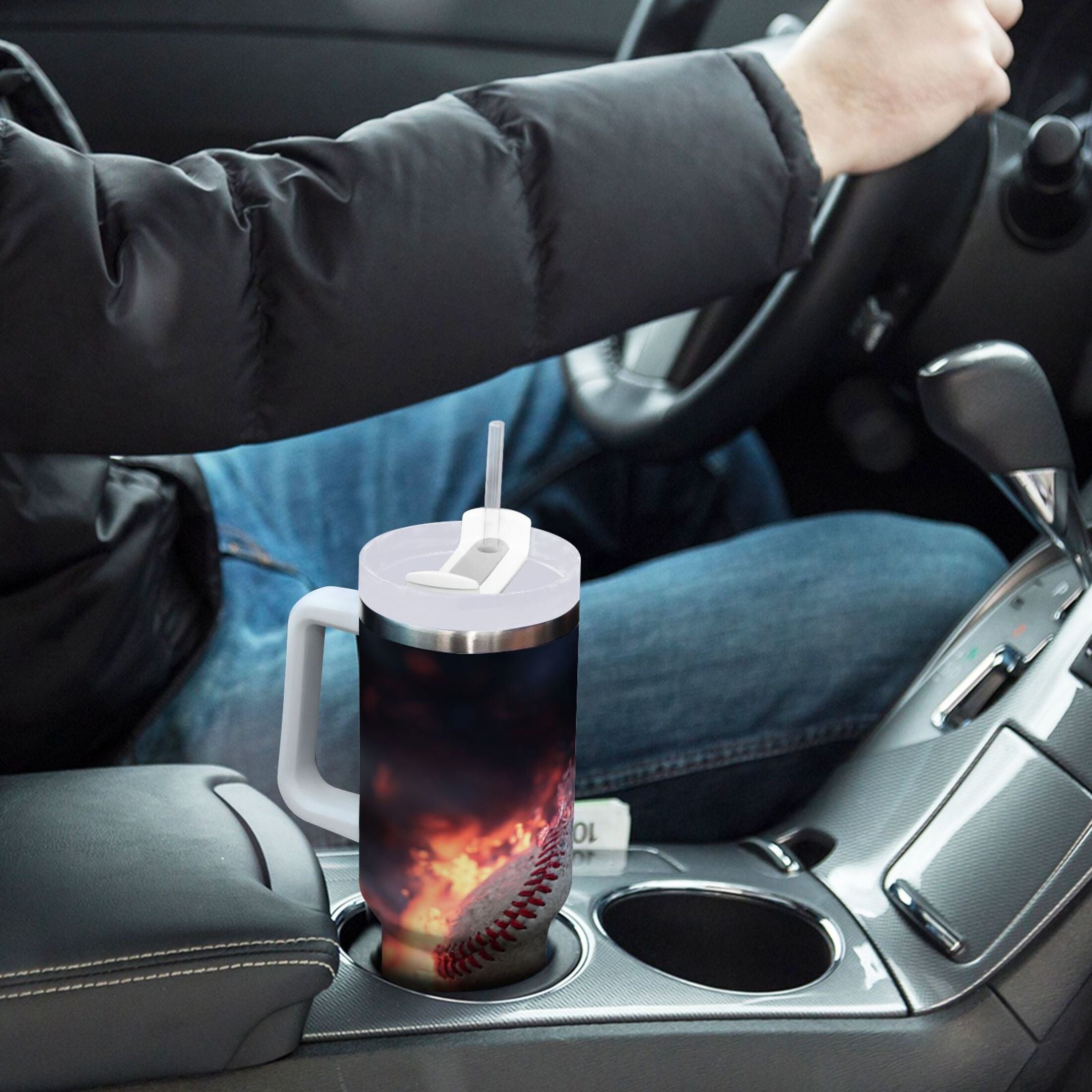 40 oz Insulated Stainless Steel Tumbler Double Wall Stainless Steel Tumbler with 2-Way Drinking Baseball with Water and Fire - Choice 196