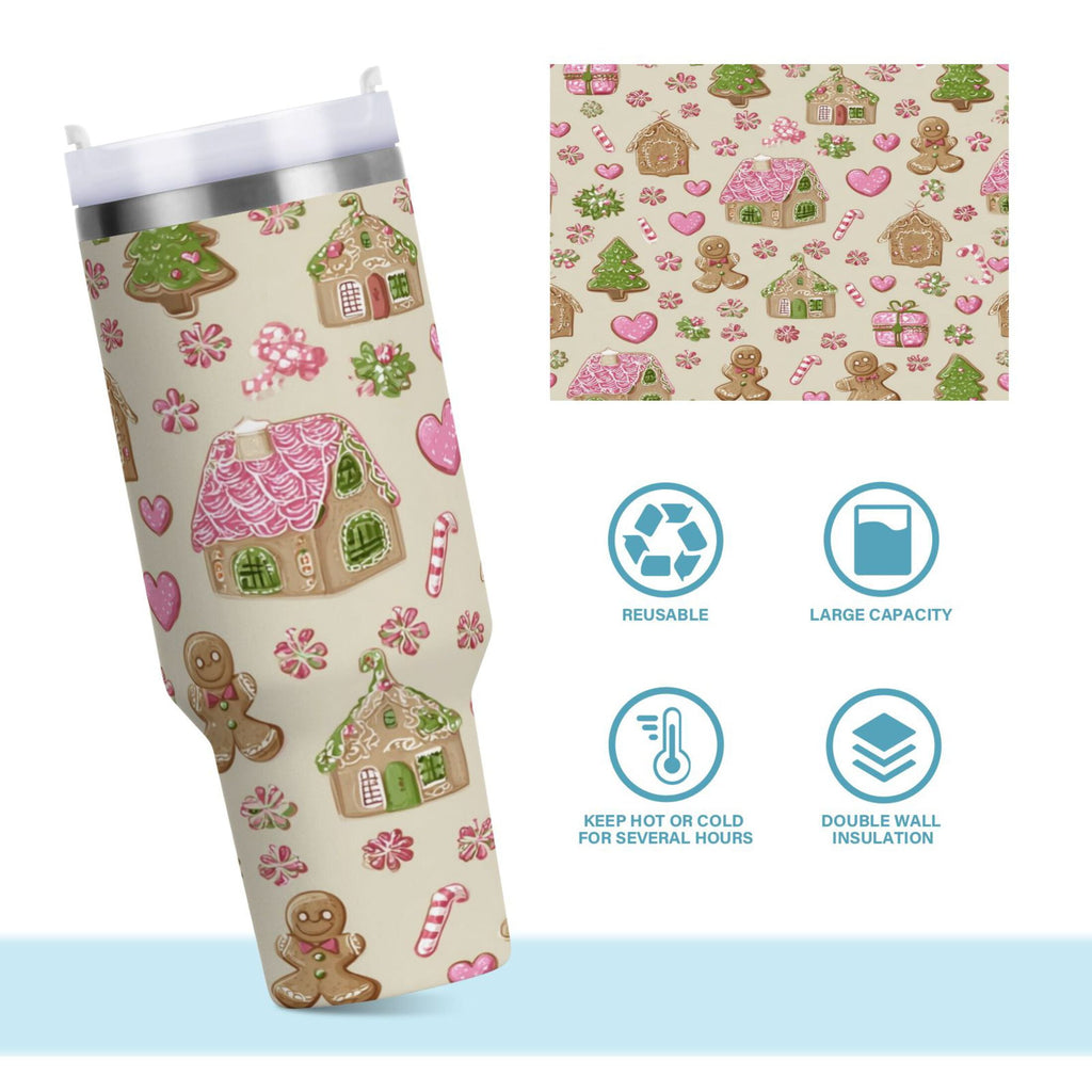 40 oz Insulated Stainless Steel Tumbler Double Wall Stainless Steel Tumbler with 2-Way Drinking Pink Cute Christmas Pattern - Choice 257