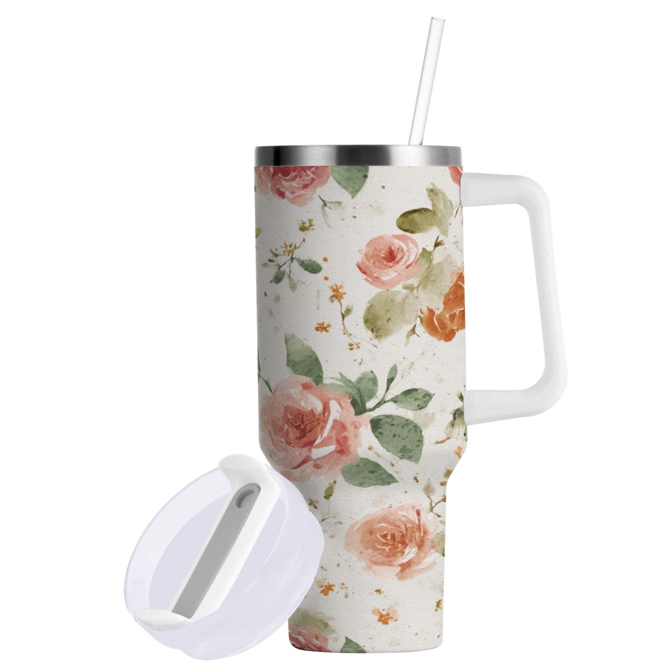 40 oz Insulated Stainless Steel Tumbler Double Wall Stainless Steel Tumbler with 2-Way Drinking Watercolor Rose Floral Pattern - Choice 233