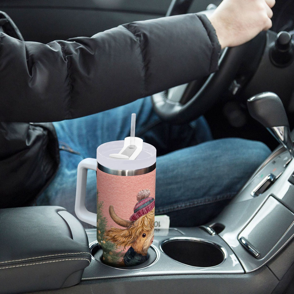 30 oz Insulated Stainless Steel Tumbler Double Wall Stainless Steel Tumbler with 2-Way Drinking Cow Wearing Scarf and Hat - Choice 220