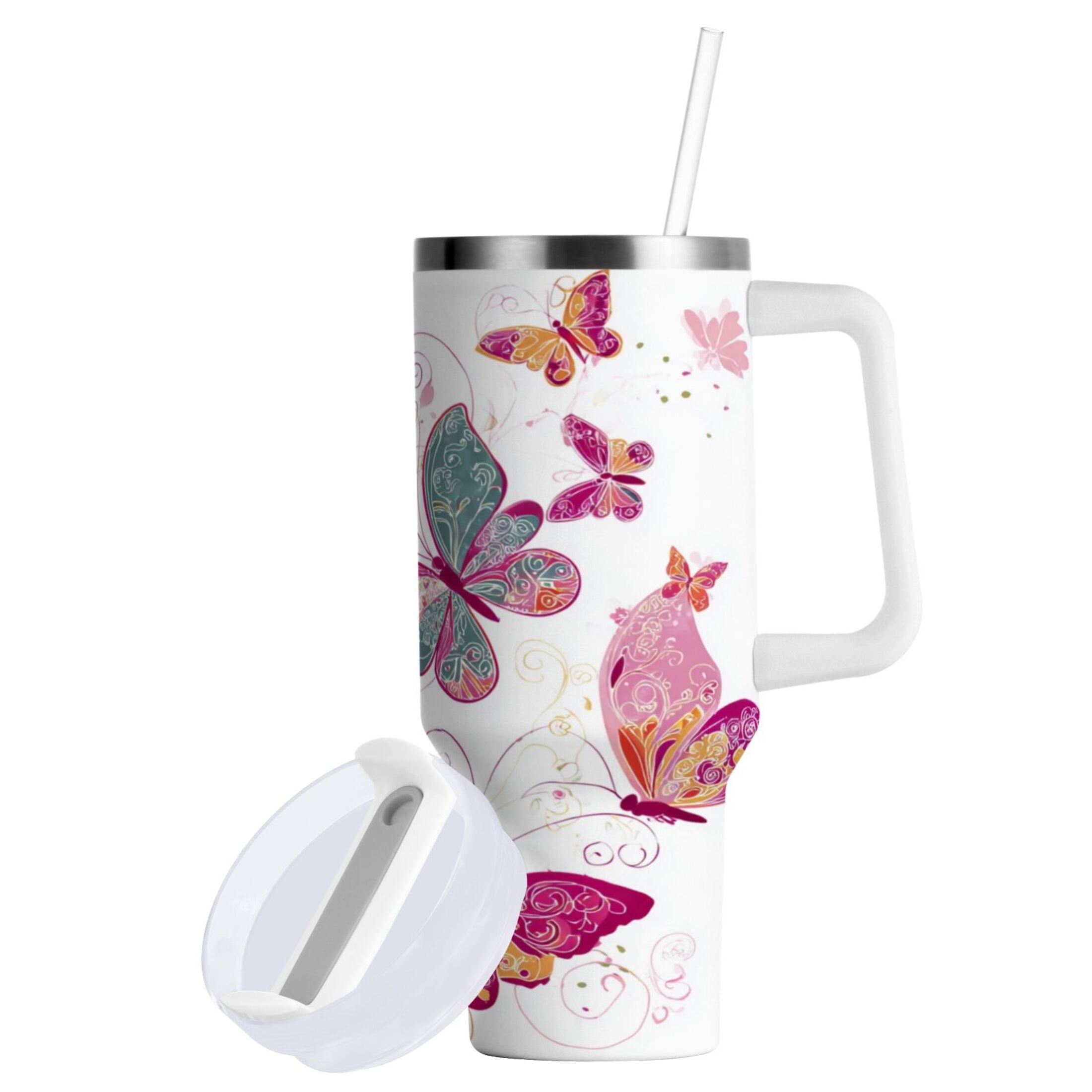 30 oz Insulated Stainless Steel Tumbler Double Wall Stainless Steel Tumbler with 2-Way Drinking Colorful Butterflies - Choice 575