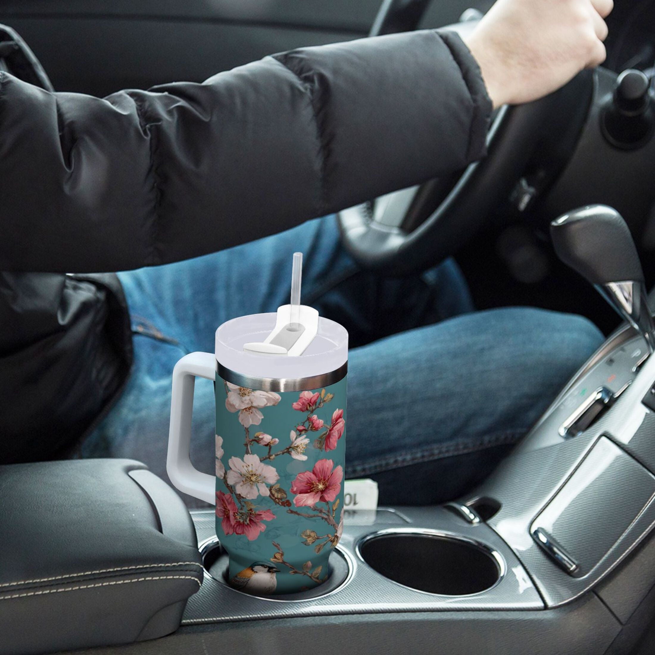 30 oz Insulated Stainless Steel Tumbler Double Wall Stainless Steel Tumbler with 2-Way Drinking Birds and Cherry Pattern - Choice 339