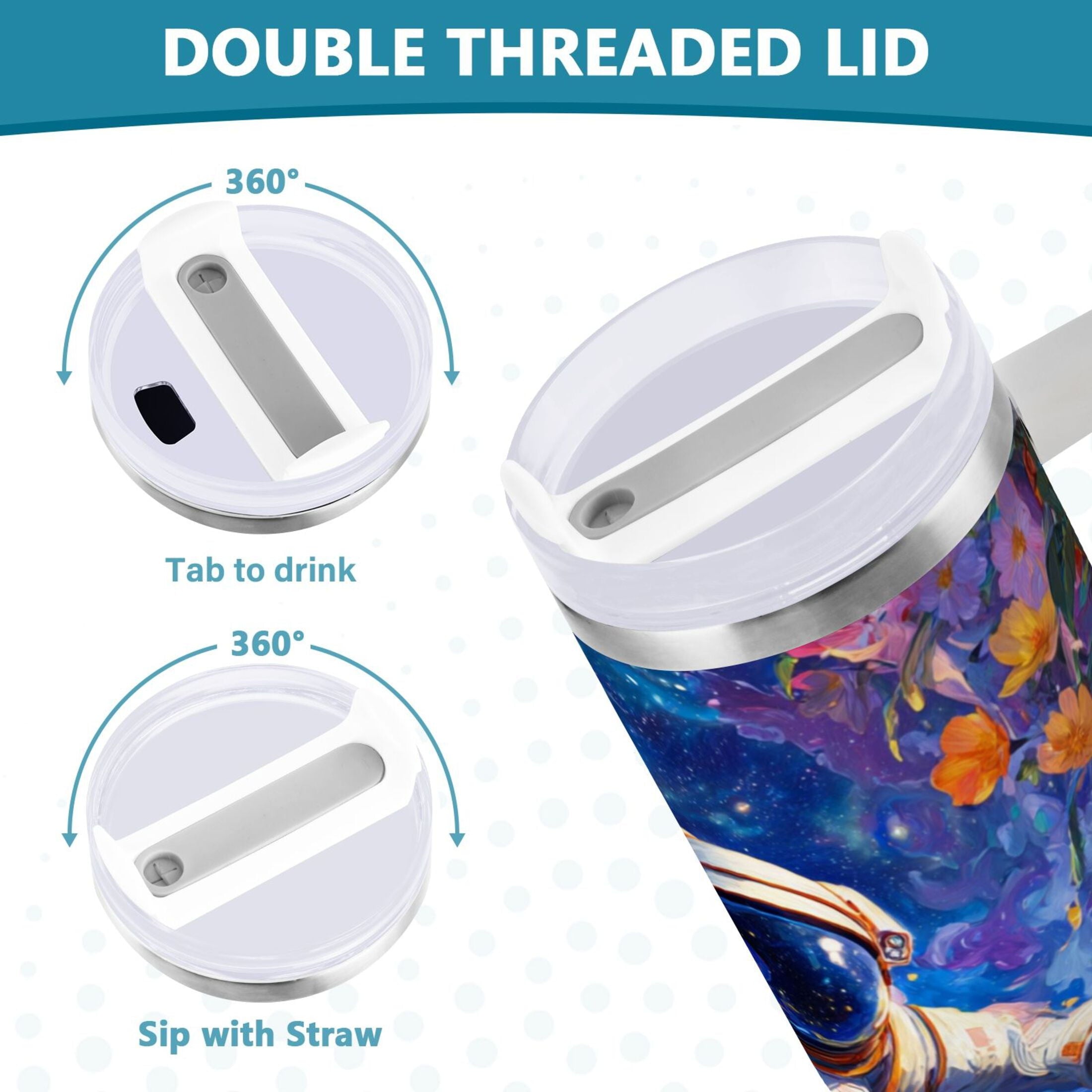 40 oz Insulated Stainless Steel Tumbler Double Wall Stainless Steel Tumbler with 2-Way Drinking Astronaut and Colorful Flowers - Choice 128