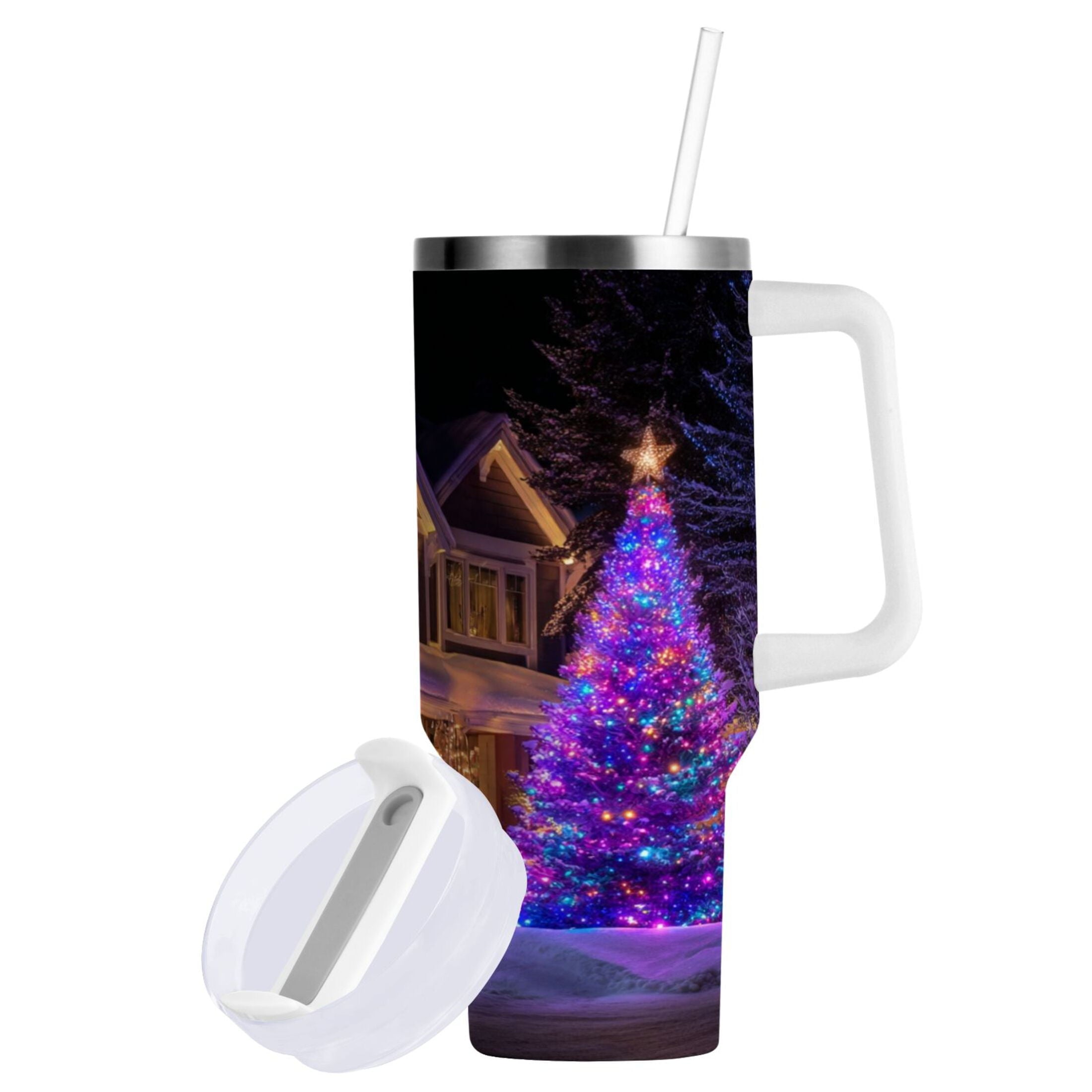 40 oz Insulated Stainless Steel Tumbler Double Wall Stainless Steel Tumbler with 2-Way Drinking Christmas Trees with Lights - Choice 315