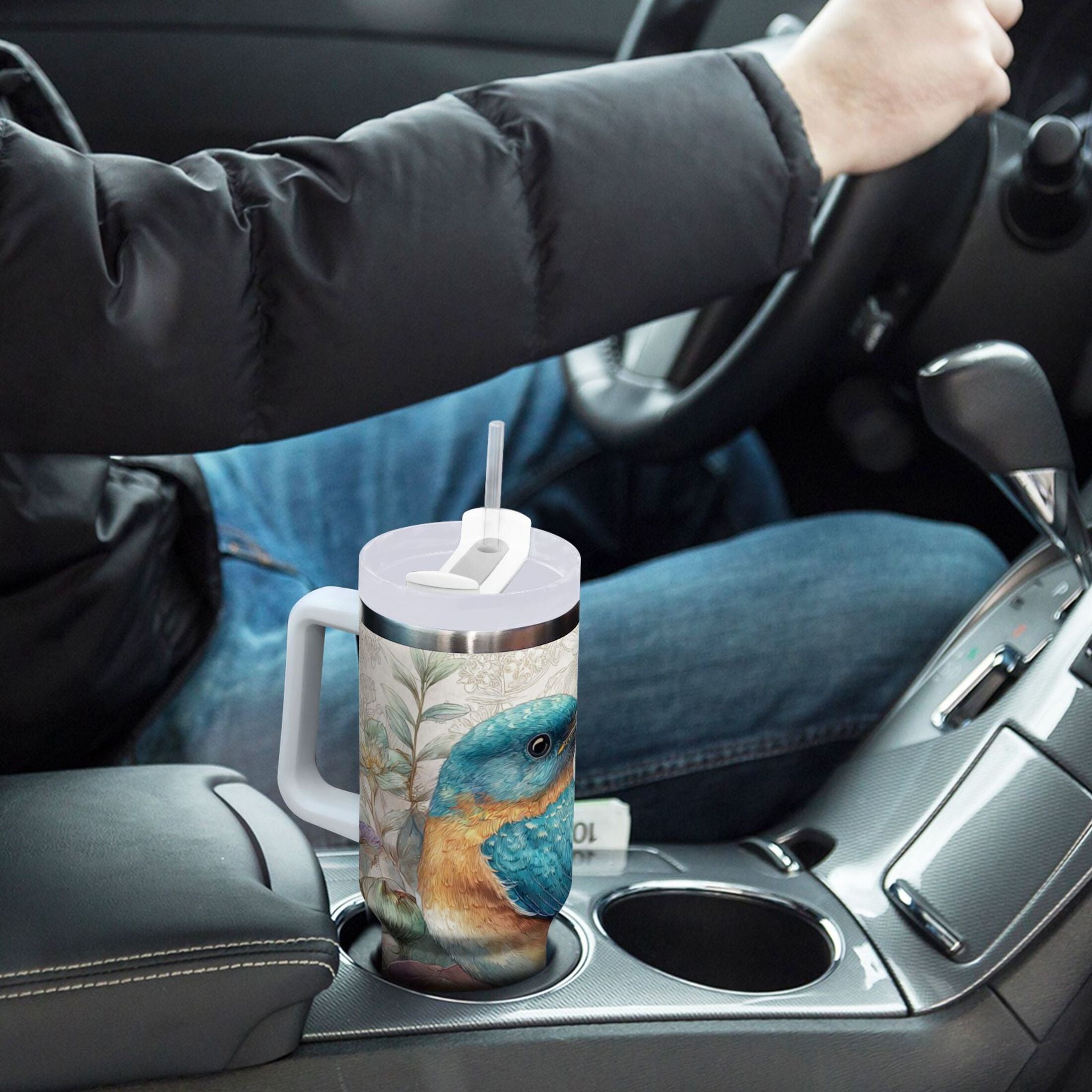 30 oz Insulated Stainless Steel Tumbler Double Wall Stainless Steel Tumbler with 2-Way Drinking Bluebird and Flower - Choice 992
