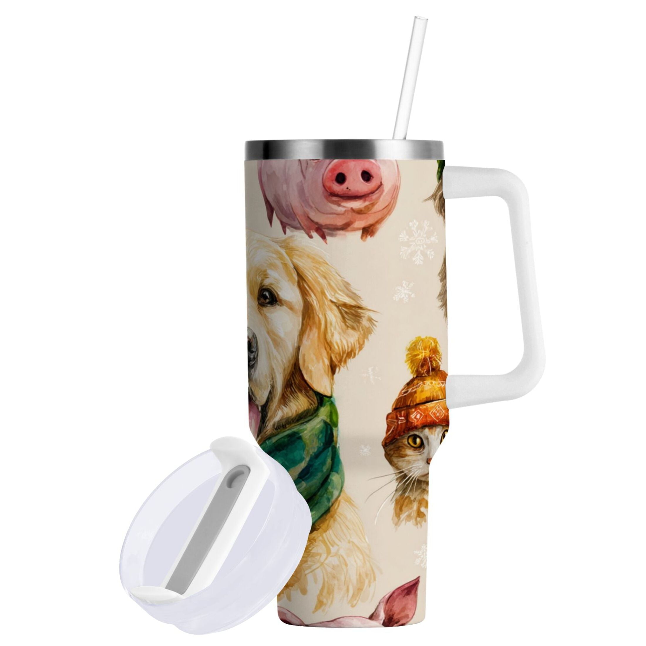 30 oz Insulated Stainless Steel Tumbler Double Wall Stainless Steel Tumbler with 2-Way Drinking Watercolor Animals Pattern - Choice 319