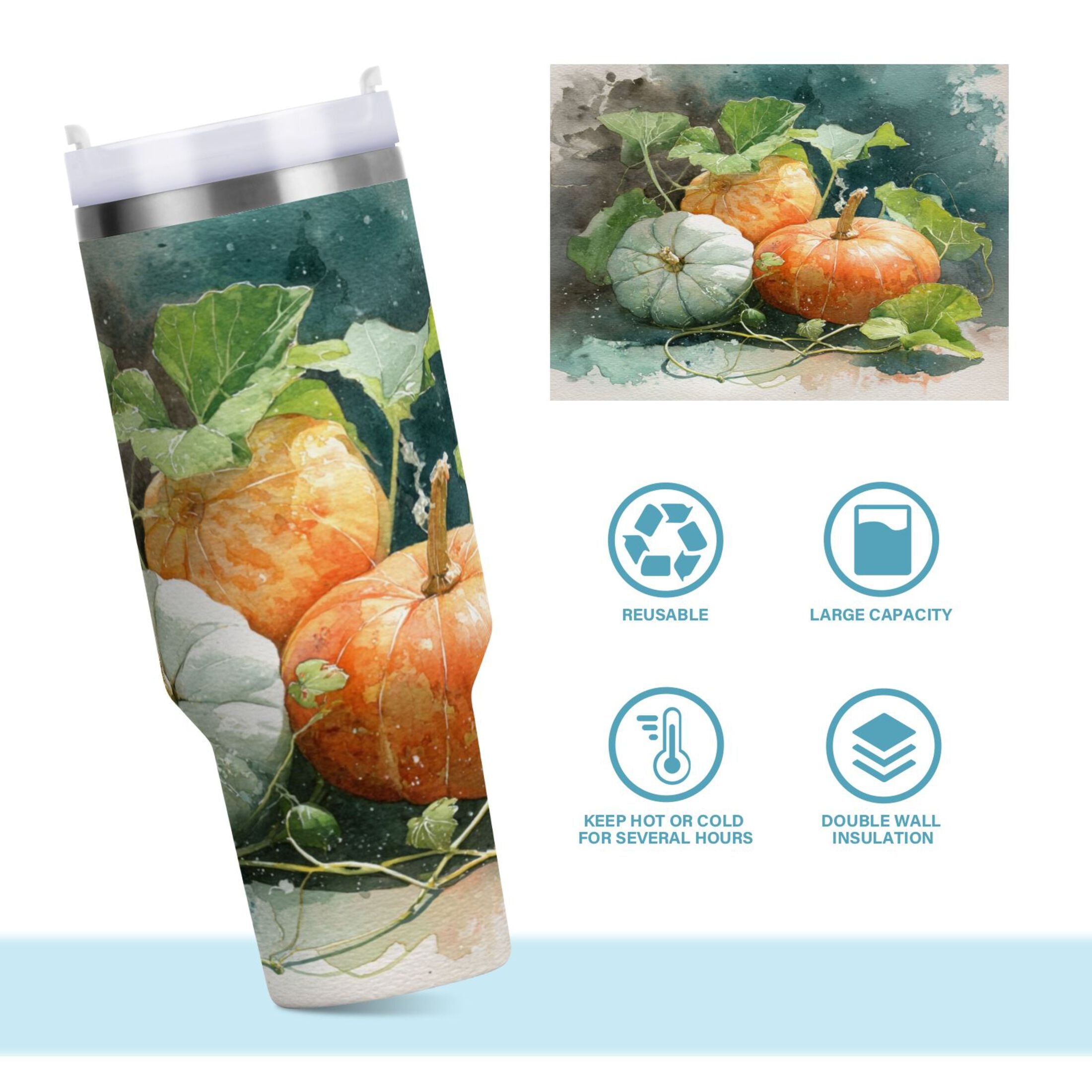 40 oz Insulated Stainless Steel Tumbler Double Wall Stainless Steel Tumbler with 2-Way Drinking Orange and White Pumpkins - Choice 692