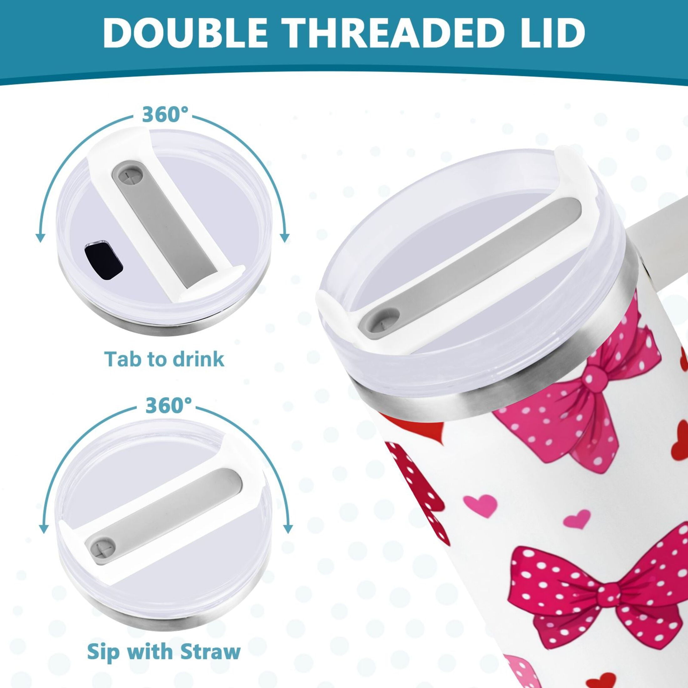 30 oz Insulated Stainless Steel Tumbler Double Wall Stainless Steel Tumbler with 2-Way Drinking Red and Pink Bows - Choice 811