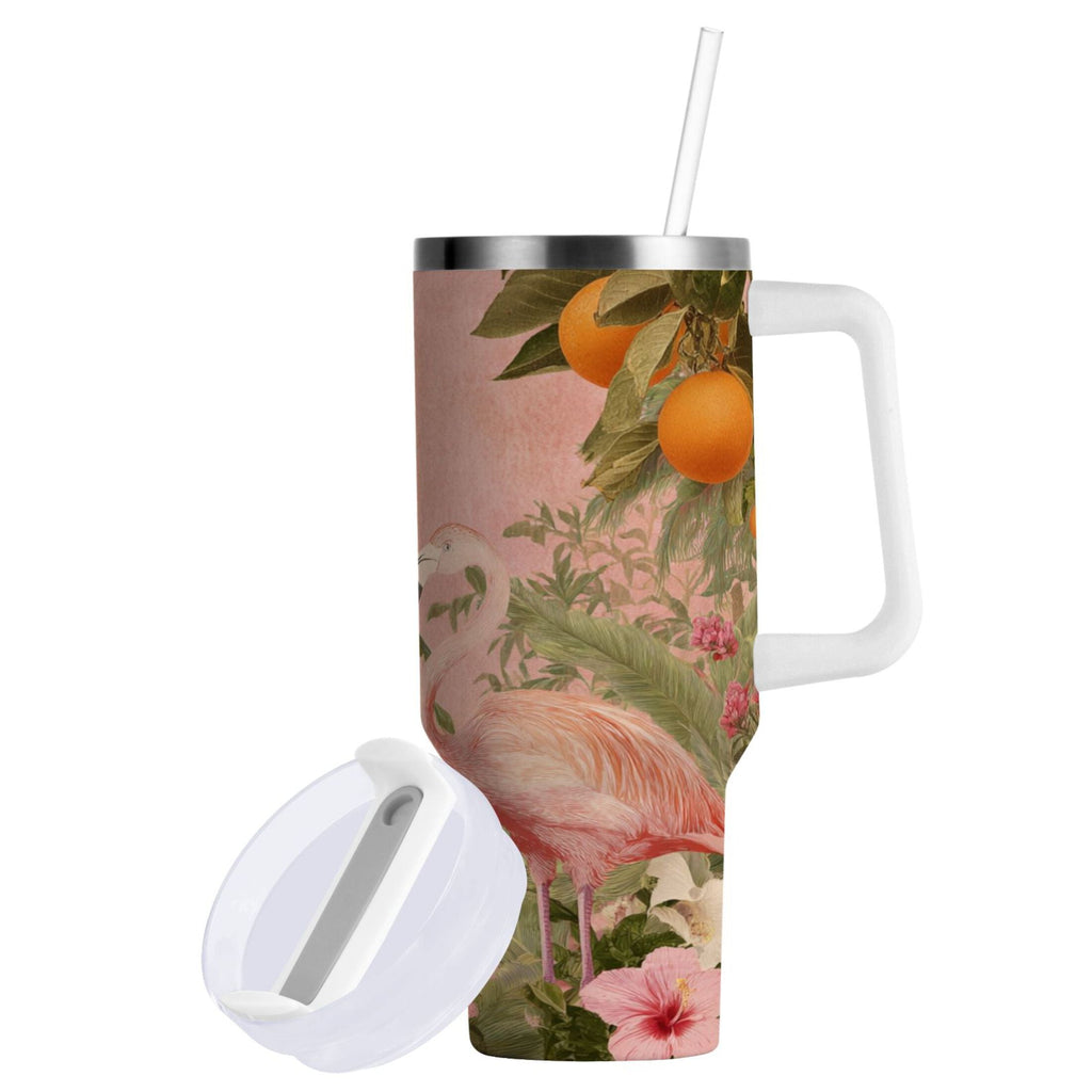 40 oz Insulated Stainless Steel Tumbler Double Wall Stainless Steel Tumbler with 2-Way Drinking Flamingos in Tropical Garden - Choice 104