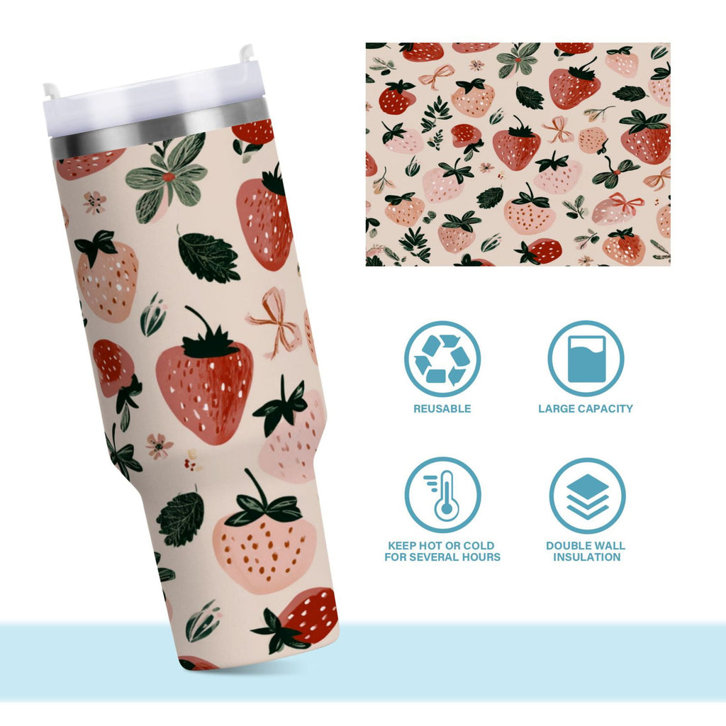 30 oz Insulated Stainless Steel Tumbler Double Wall Stainless Steel Tumbler with 2-Way Drinking Cute Pinks Strawberries - Choice 489