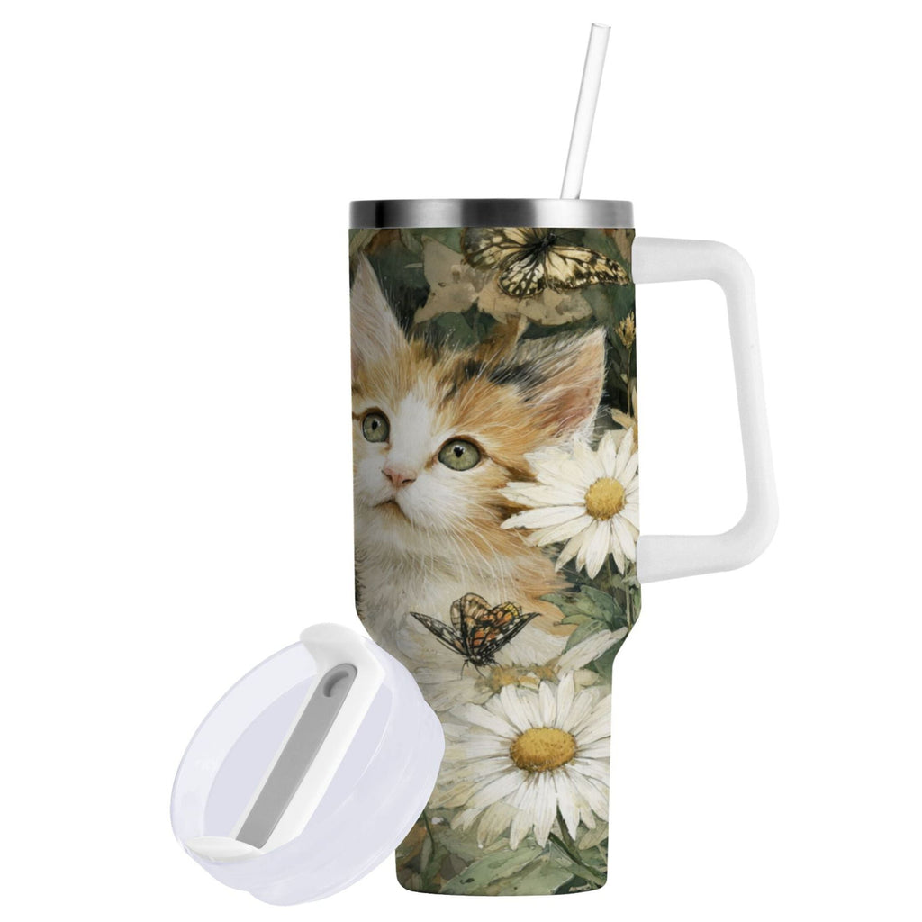 30 oz Insulated Stainless Steel Tumbler Double Wall Stainless Steel Tumbler with 2-Way Drinking Adorable Cats and Daisies - Choice 403