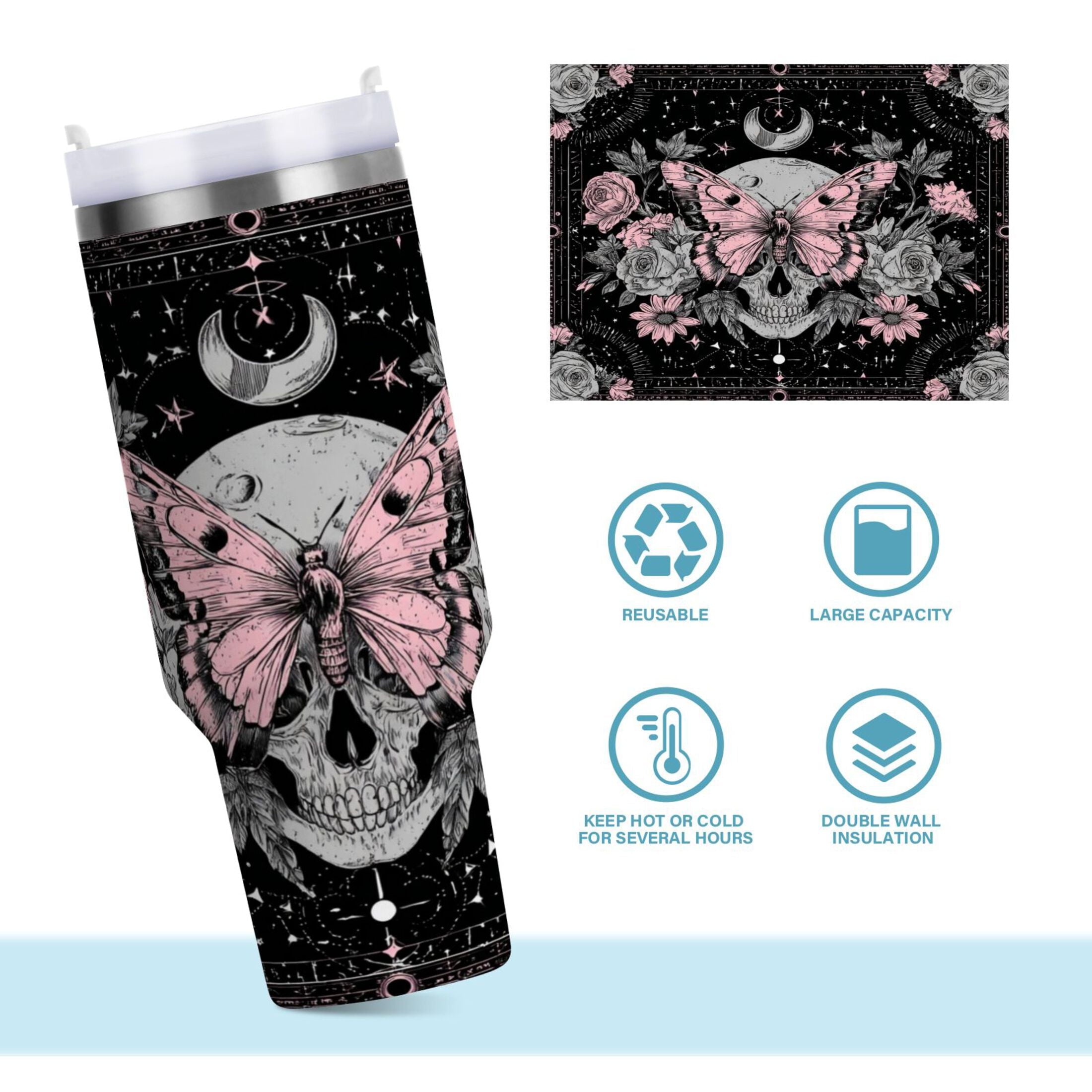 30 oz Insulated Stainless Steel Tumbler Double Wall Stainless Steel Tumbler with 2-Way Drinking Butterfly by Moon and Flowers - Choice 725