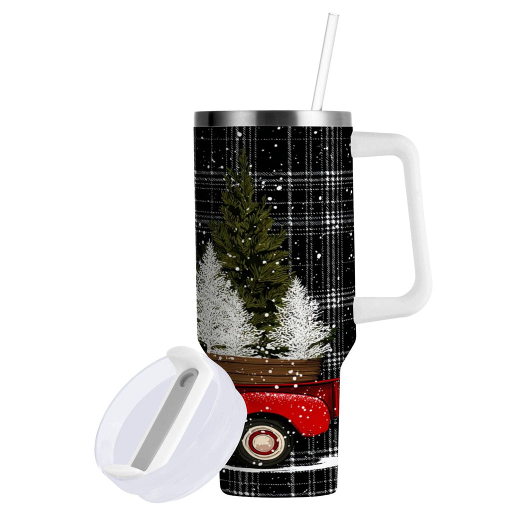 40 oz Insulated Stainless Steel Tumbler Double Wall Stainless Steel Tumbler with 2-Way Drinking Red Truck with Christmas Tree - Choice 687