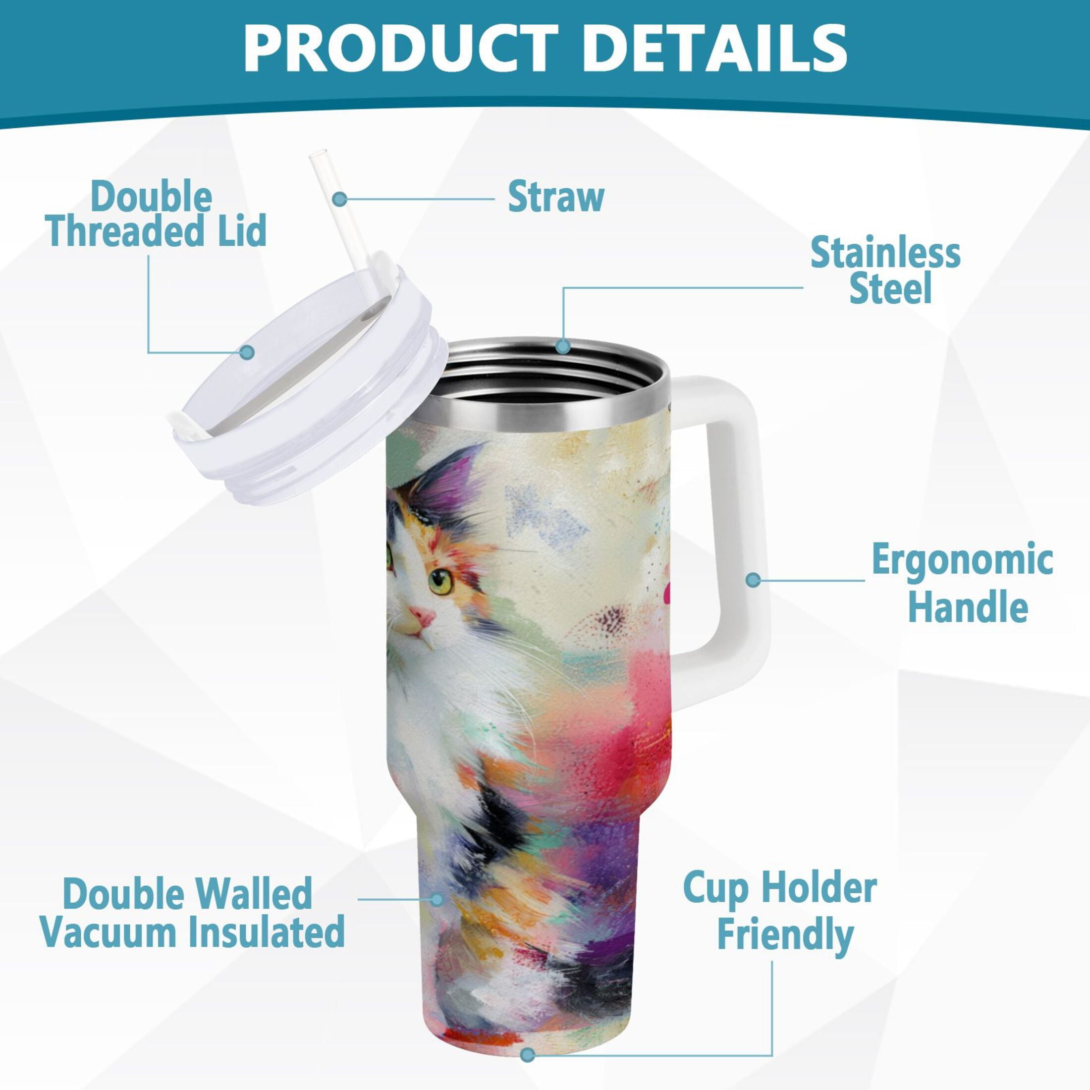 30 oz Insulated Stainless Steel Tumbler Double Wall Stainless Steel Tumbler with 2-Way Drinking Charming Hairy Cat - Choice 440