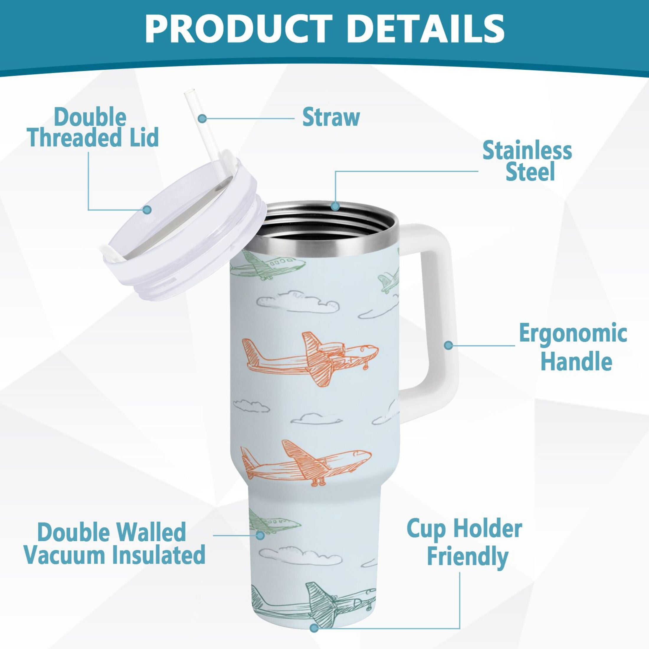 30 oz Insulated Stainless Steel Tumbler Double Wall Stainless Steel Tumbler with 2-Way Drinking Pastel Doodle Airplanes - Choice 189