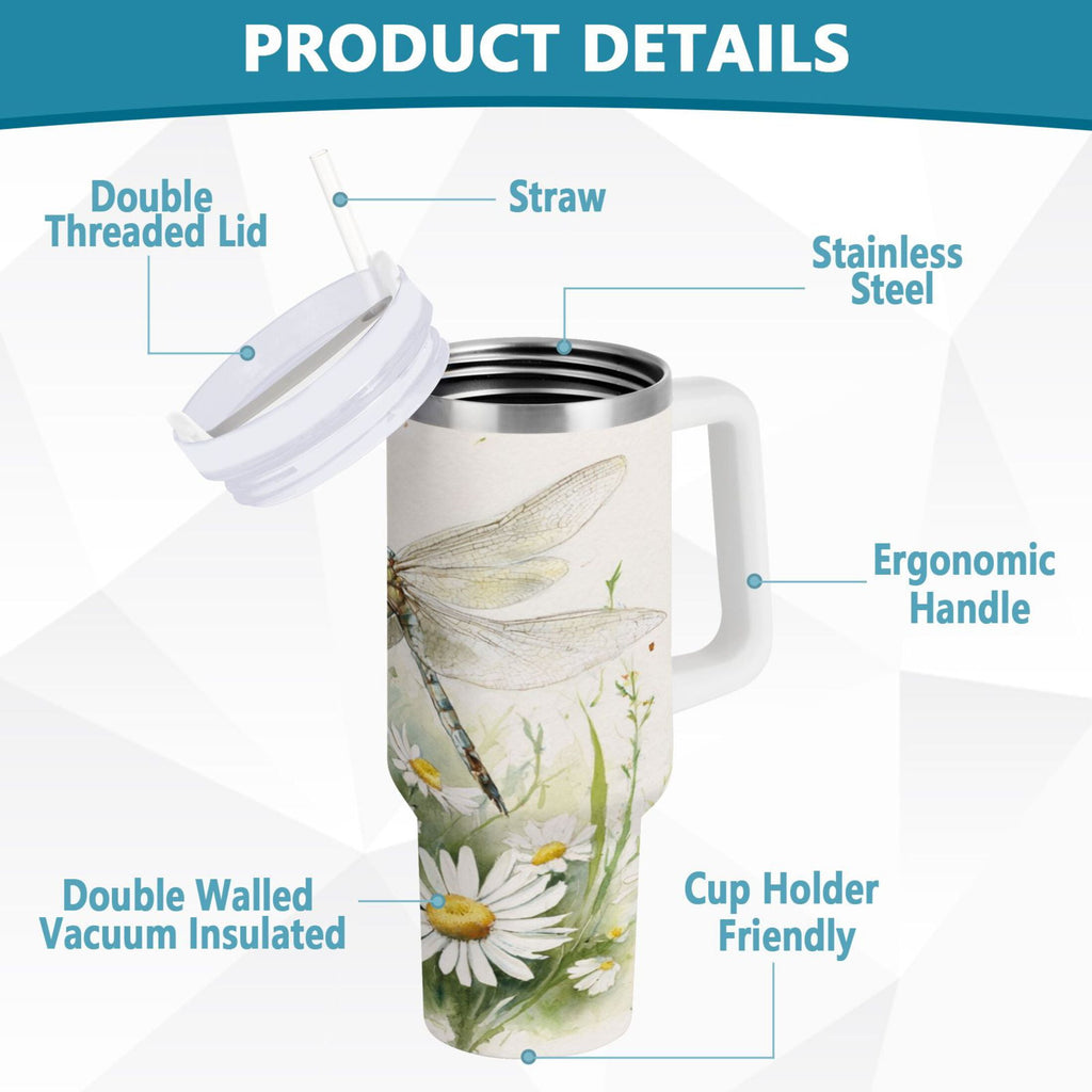 30 oz Insulated Stainless Steel Tumbler Double Wall Stainless Steel Tumbler with 2-Way Drinking Dragonflies with White Daisies - Choice 723