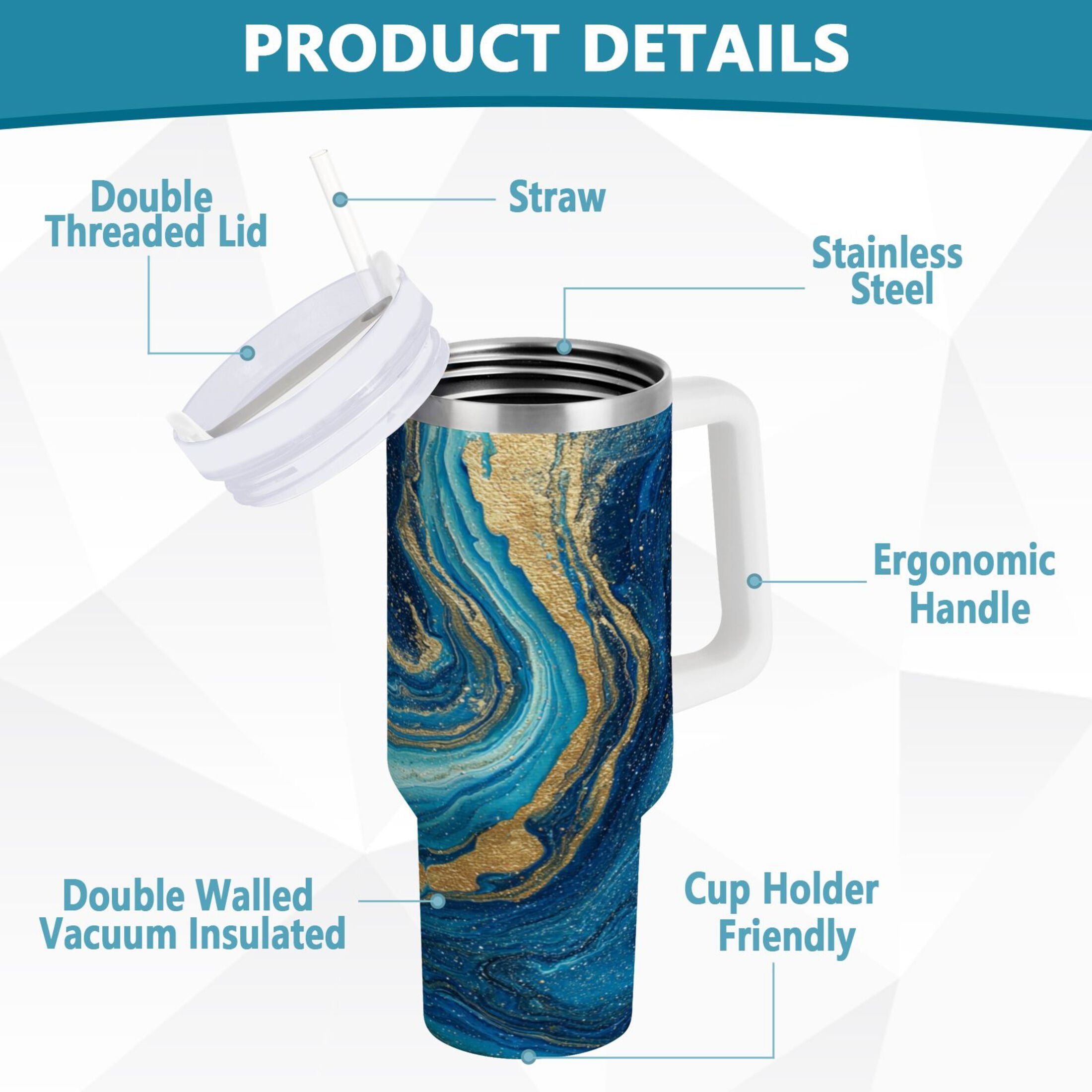 30 oz Insulated Stainless Steel Tumbler Double Wall Stainless Steel Tumbler with 2-Way Drinking Blue and Gold Ocean - Choice 458