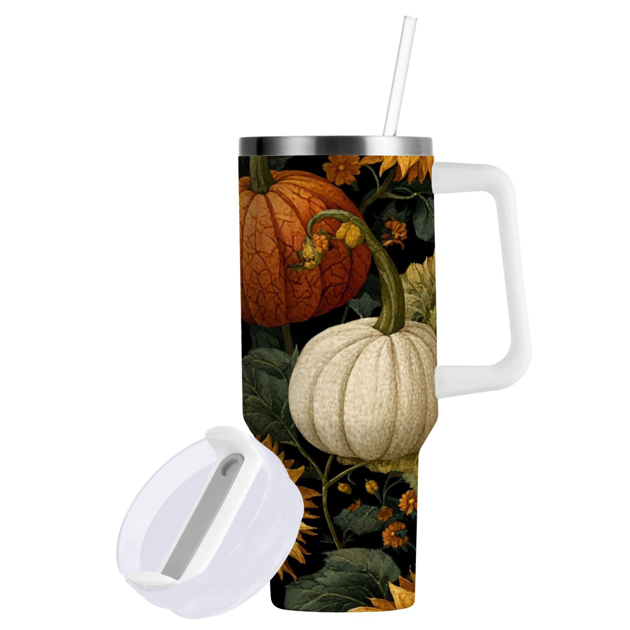 40 oz Insulated Stainless Steel Tumbler Double Wall Stainless Steel Tumbler with 2-Way Drinking Pumpkins and Sunflowers Pattern - Choice 480