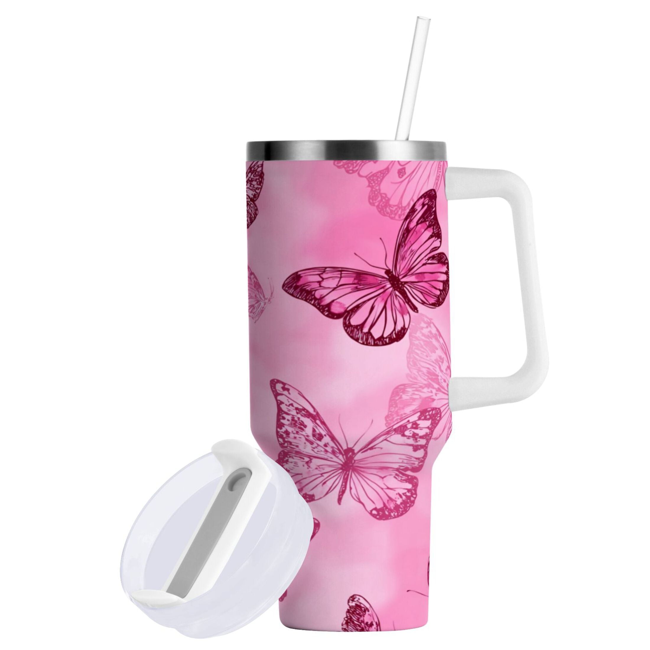 40 oz Insulated Stainless Steel Tumbler Double Wall Stainless Steel Tumbler with 2-Way Drinking Pink Butterfly Pattern - Choice 429