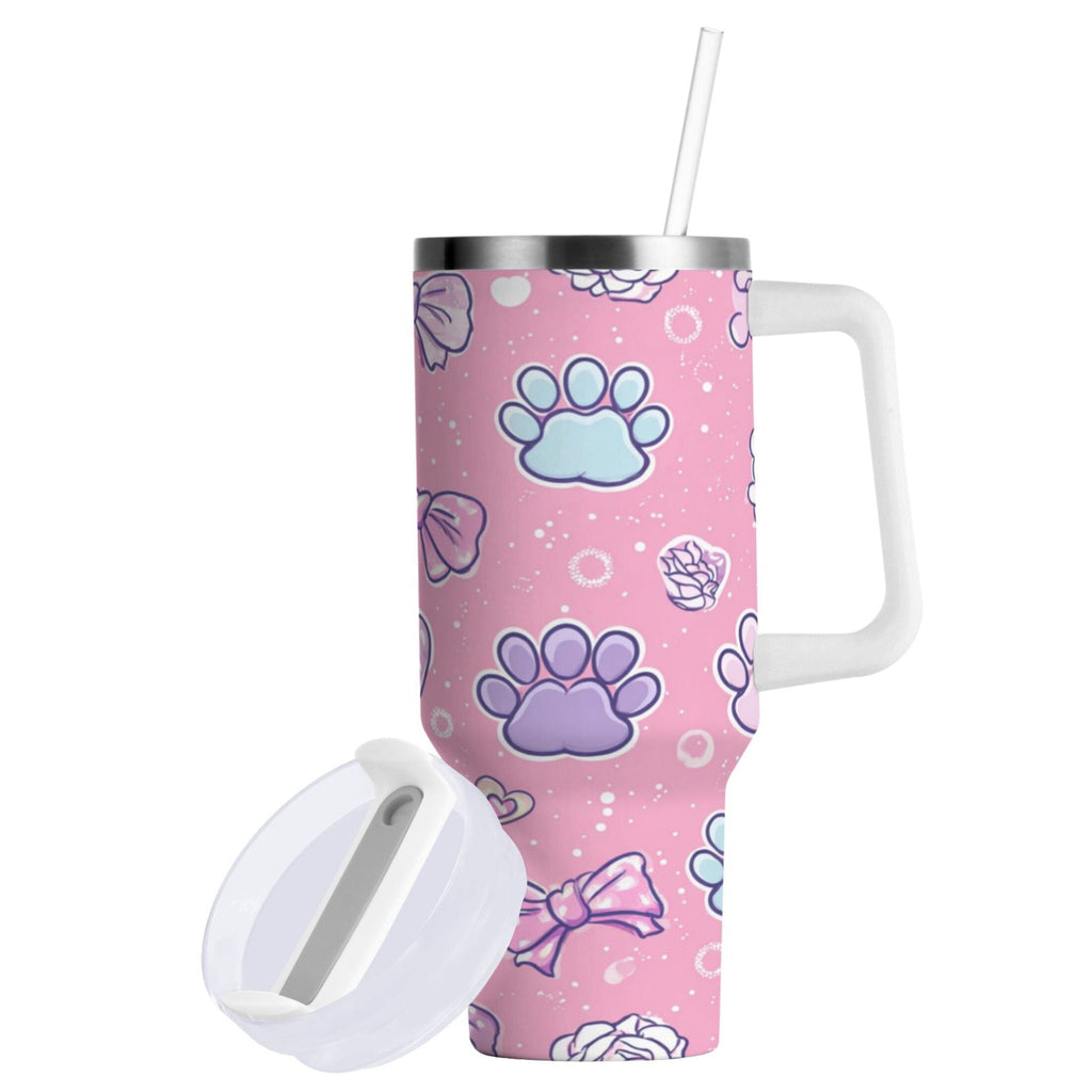 30 oz Insulated Stainless Steel Tumbler Double Wall Stainless Steel Tumbler with 2-Way Drinking Dog Paw Prints and Bows - Choice 116