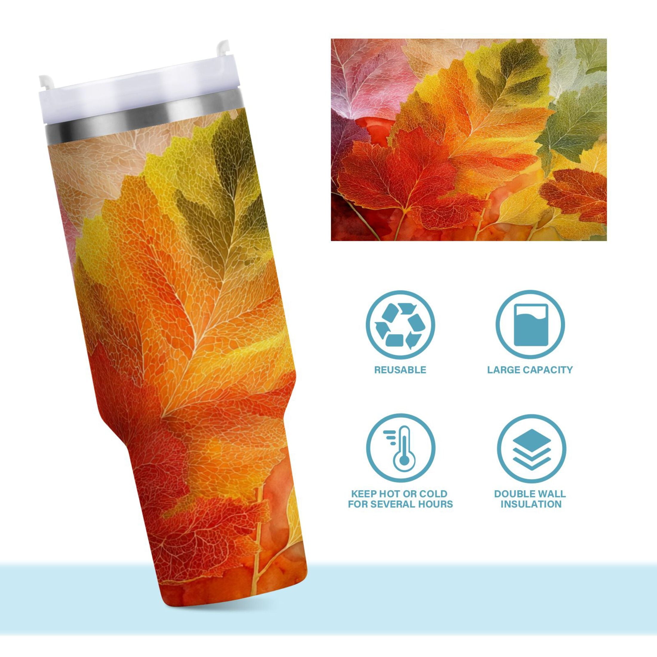 30 oz Insulated Stainless Steel Tumbler Double Wall Stainless Steel Tumbler with 2-Way Drinking Various Shades Autumn Leaves - Choice 766