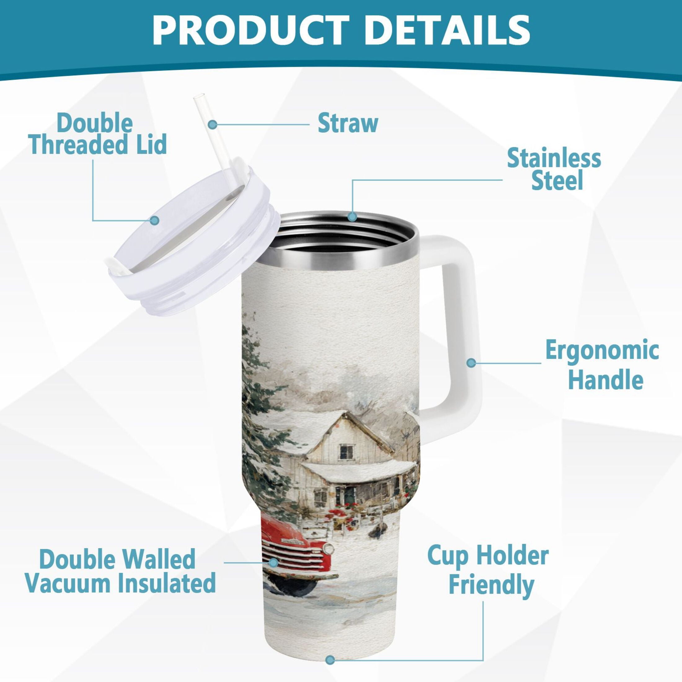 30 oz Insulated Stainless Steel Tumbler Double Wall Stainless Steel Tumbler with 2-Way Drinking Truck with Christmas Decorations - Choice 538