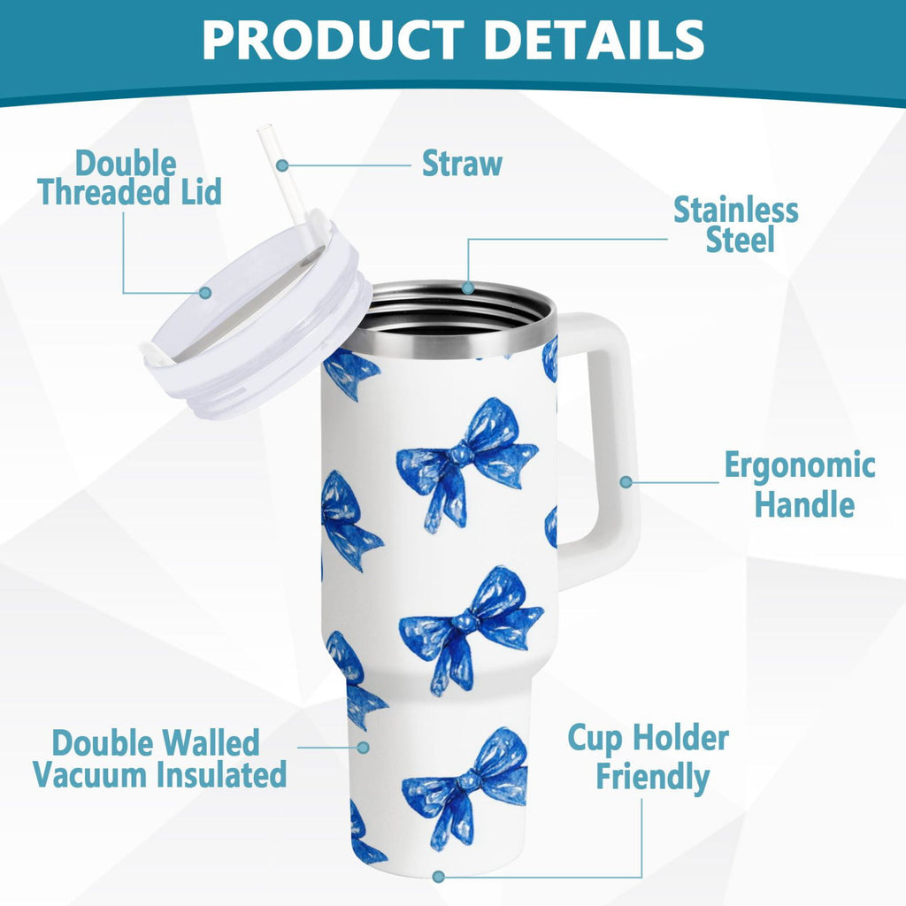 30 oz Insulated Stainless Steel Tumbler Double Wall Stainless Steel Tumbler with 2-Way Drinking Blue Bows Pattern - Choice 555