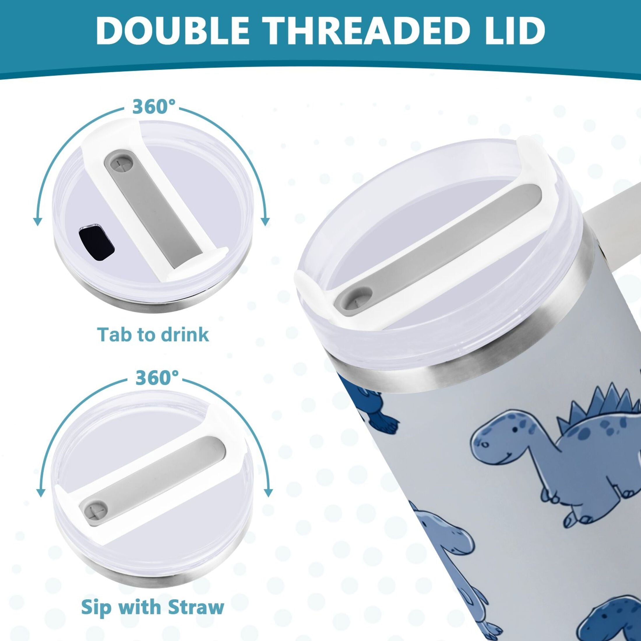 30 oz Insulated Stainless Steel Tumbler Double Wall Stainless Steel Tumbler with 2-Way Drinking Cute Blue Dinosaurs - Choice 495