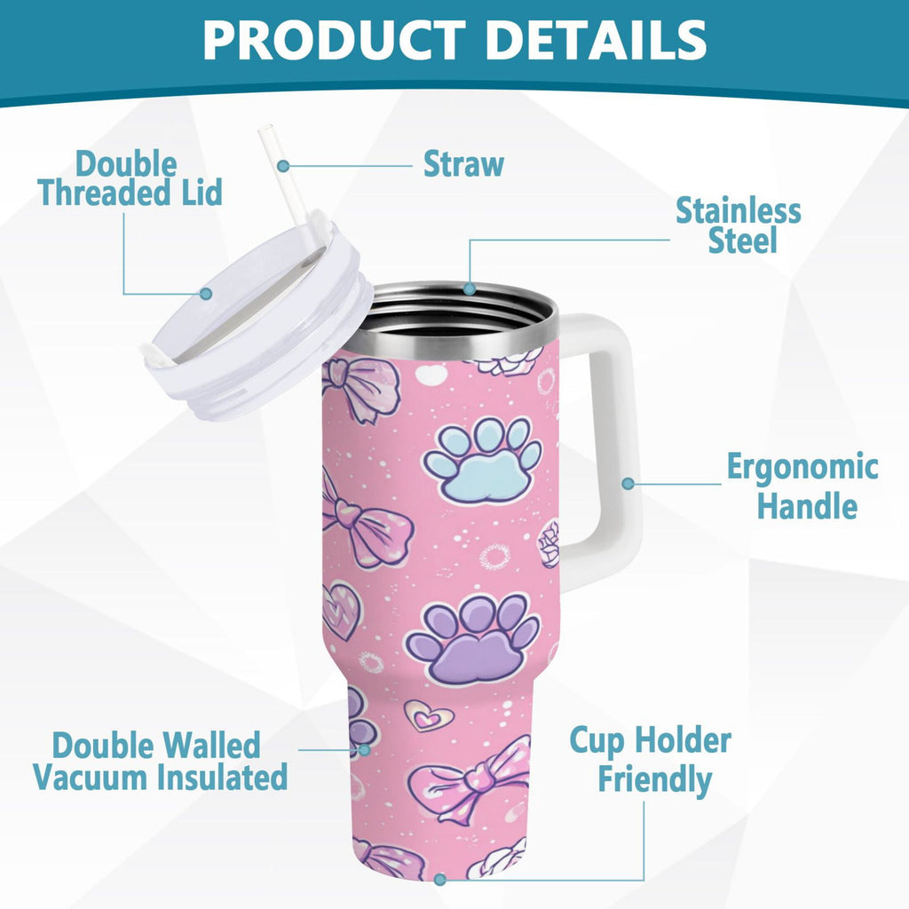 30 oz Insulated Stainless Steel Tumbler Double Wall Stainless Steel Tumbler with 2-Way Drinking Dog Paw Prints and Bows - Choice 116