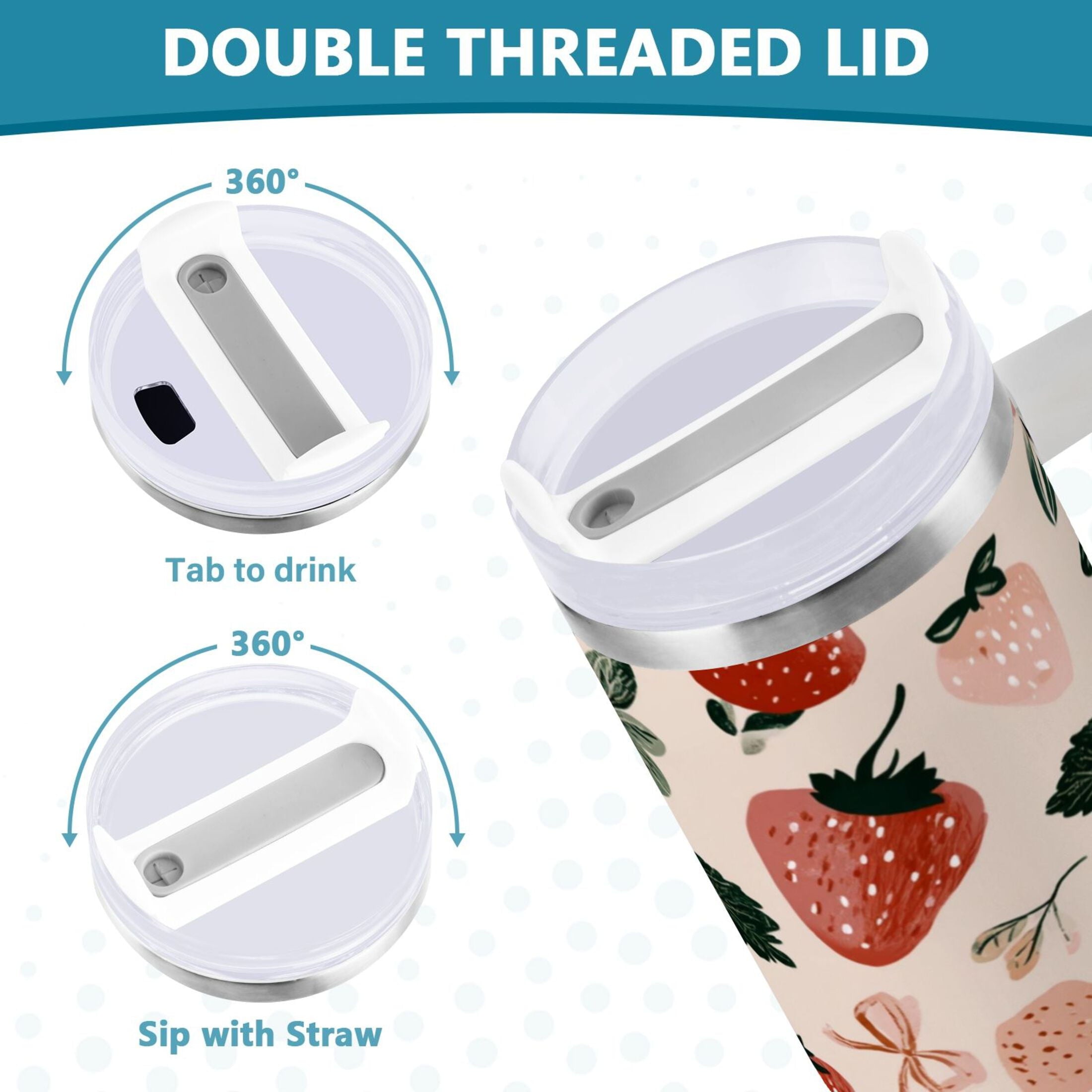 30 oz Insulated Stainless Steel Tumbler Double Wall Stainless Steel Tumbler with 2-Way Drinking Cute Pinks Strawberries - Choice 489