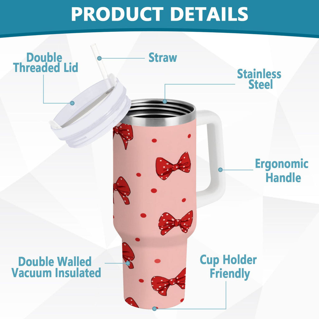 40 oz Insulated Stainless Steel Tumbler Double Wall Stainless Steel Tumbler with 2-Way Drinking Red Bows and Polka Dots - Choice 560