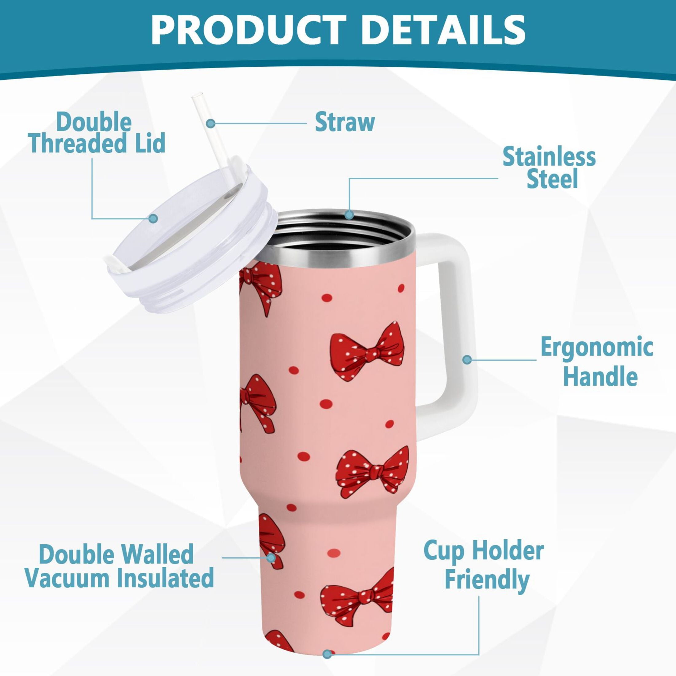 40 oz Insulated Stainless Steel Tumbler Double Wall Stainless Steel Tumbler with 2-Way Drinking Red Bows and Polka Dots - Choice 560