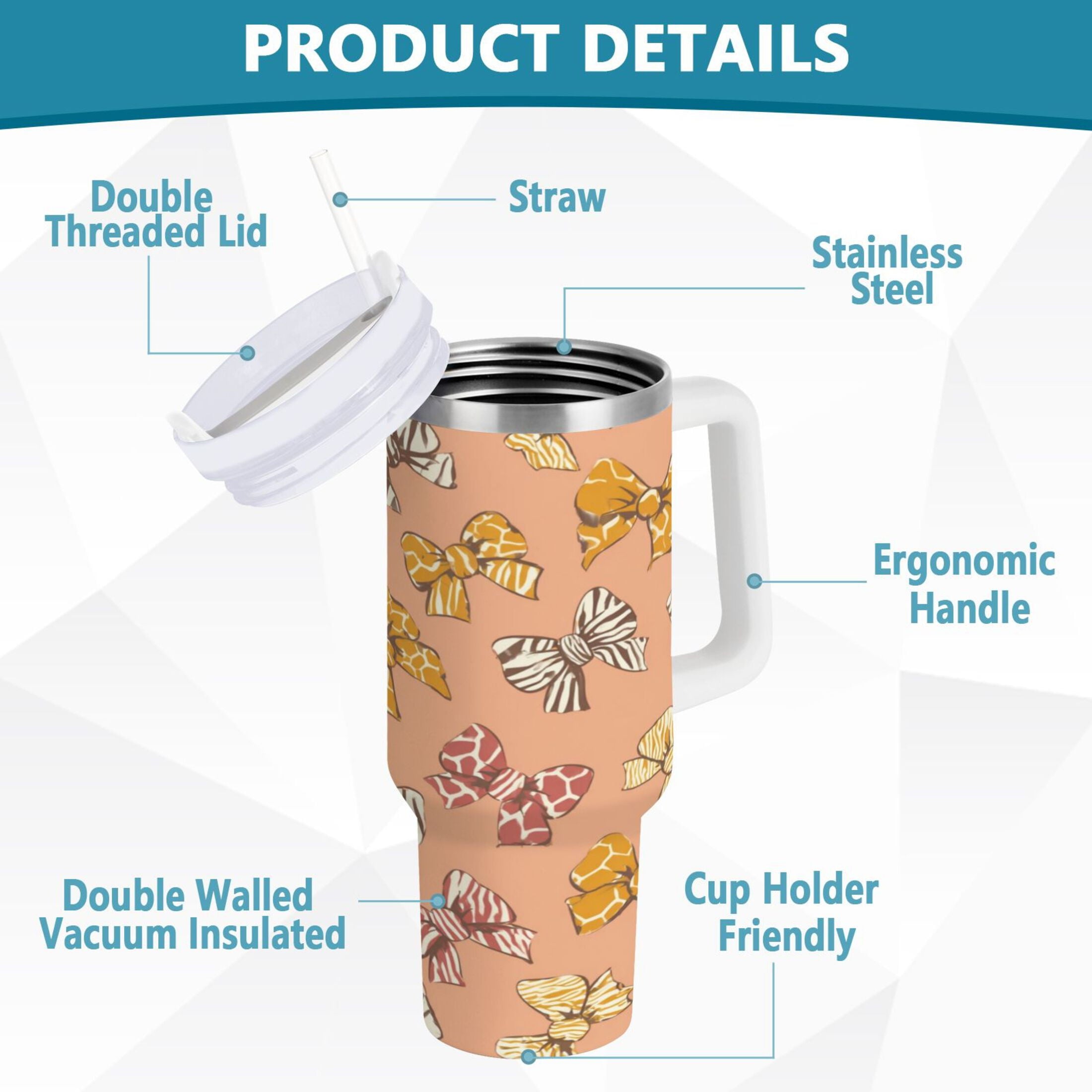 40 oz Insulated Stainless Steel Tumbler Double Wall Stainless Steel Tumbler with 2-Way Drinking Cute Animal Print Bows - Choice 632