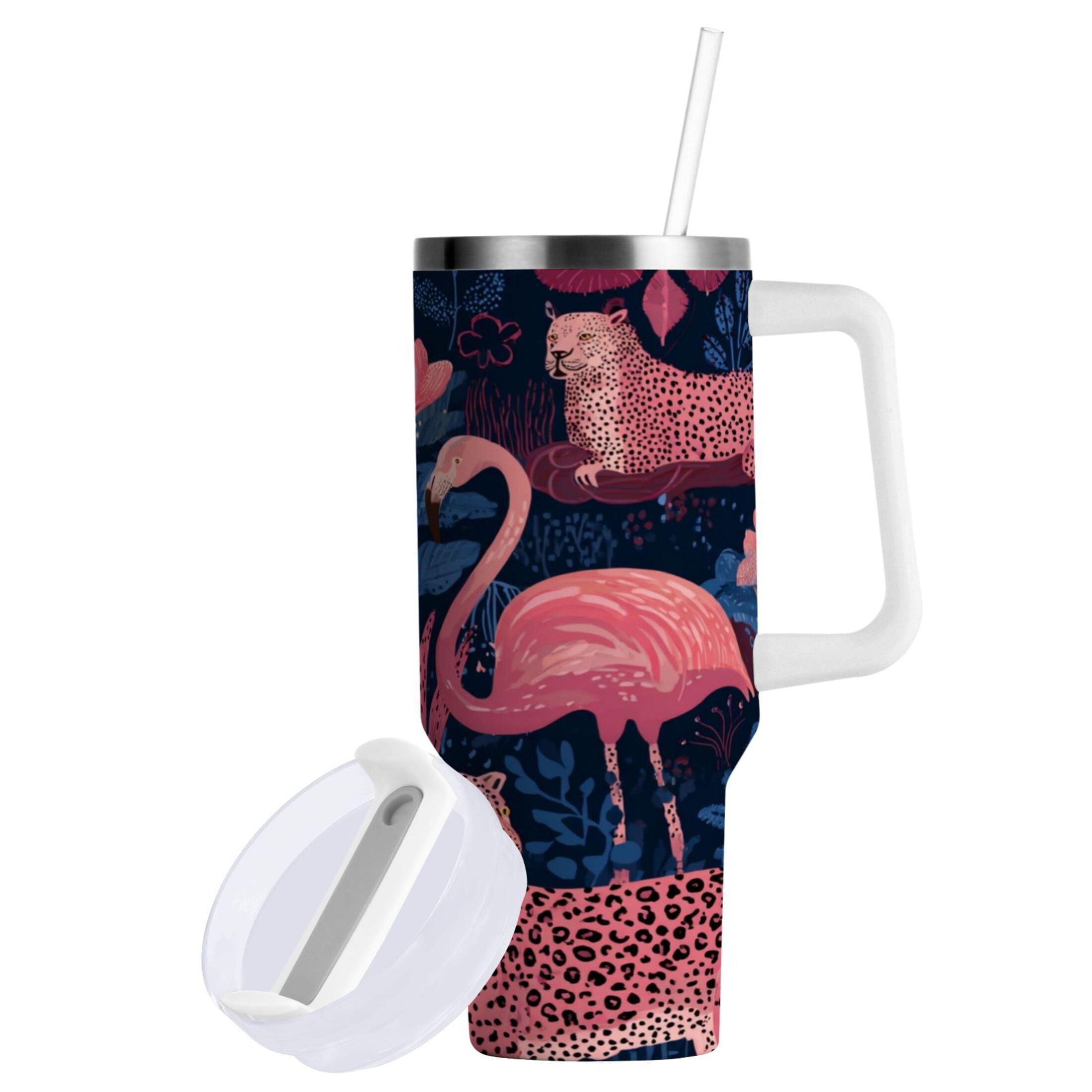 30 oz Insulated Stainless Steel Tumbler Double Wall Stainless Steel Tumbler with 2-Way Drinking Flamingos and Leopard Print - Choice 896