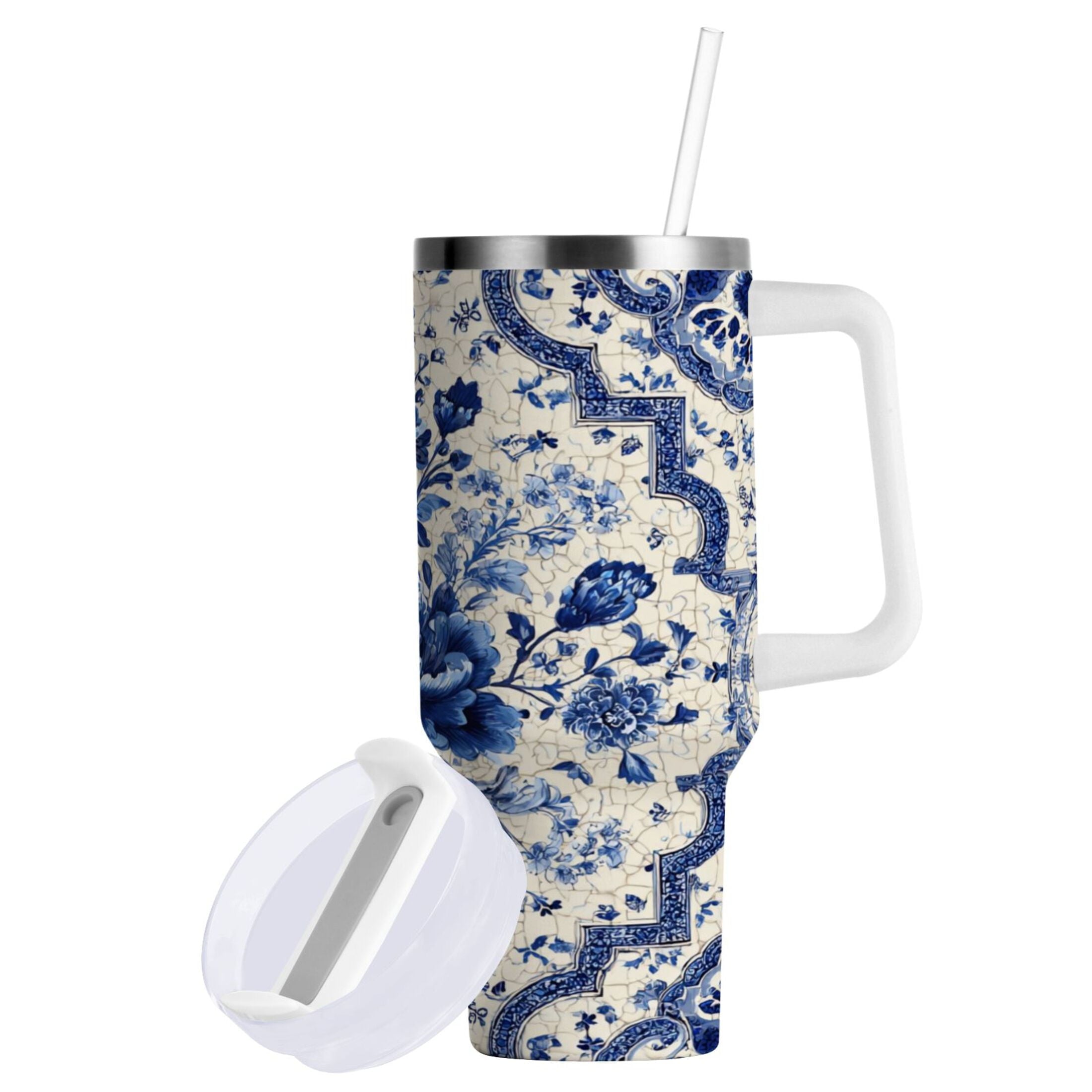 30 oz Insulated Stainless Steel Tumbler Double Wall Stainless Steel Tumbler with 2-Way Drinking Blue and White Porcelain-style - Choice 585