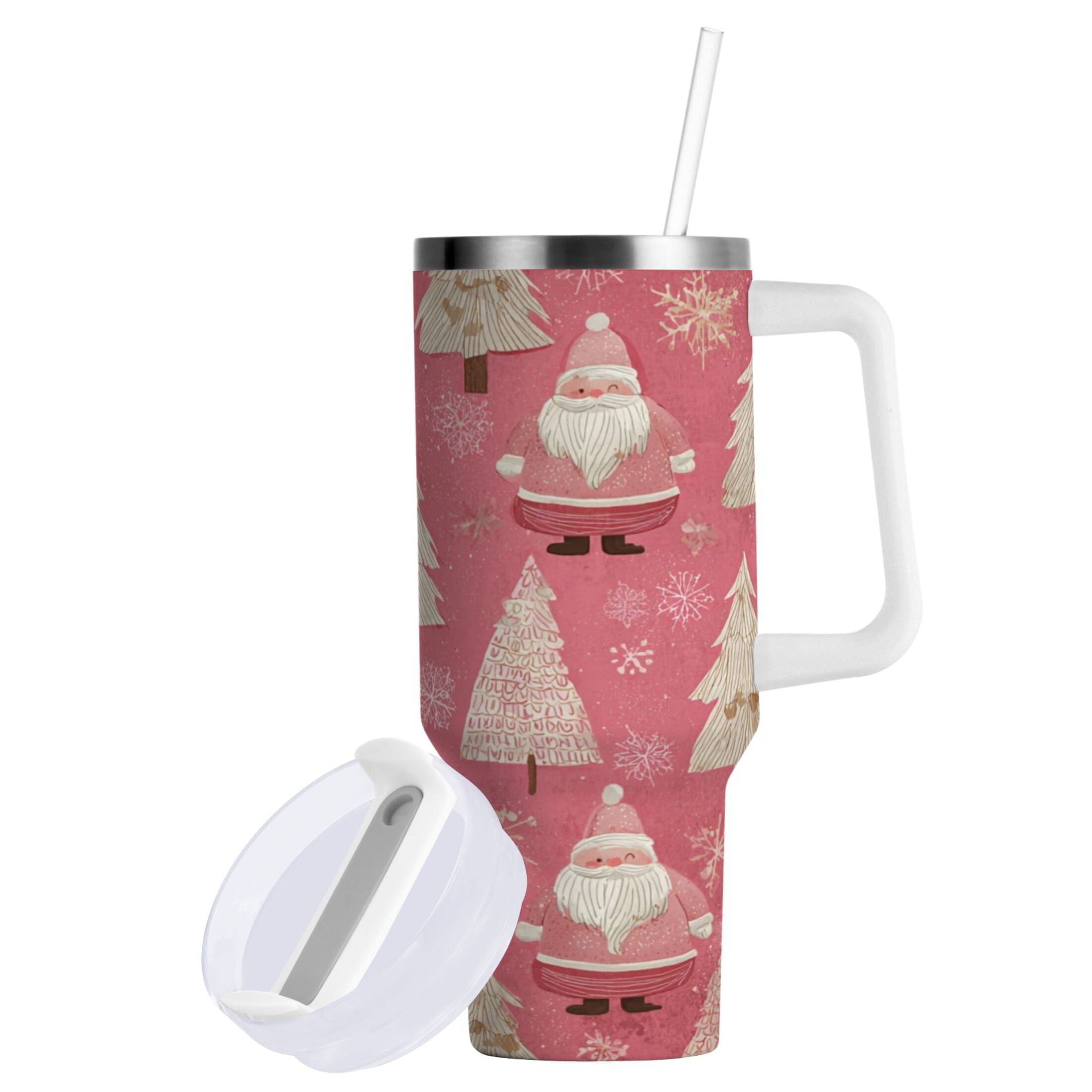 40 oz Insulated Stainless Steel Tumbler Double Wall Stainless Steel Tumbler with 2-Way Drinking Pink Santa Claus Pattern - Choice 245