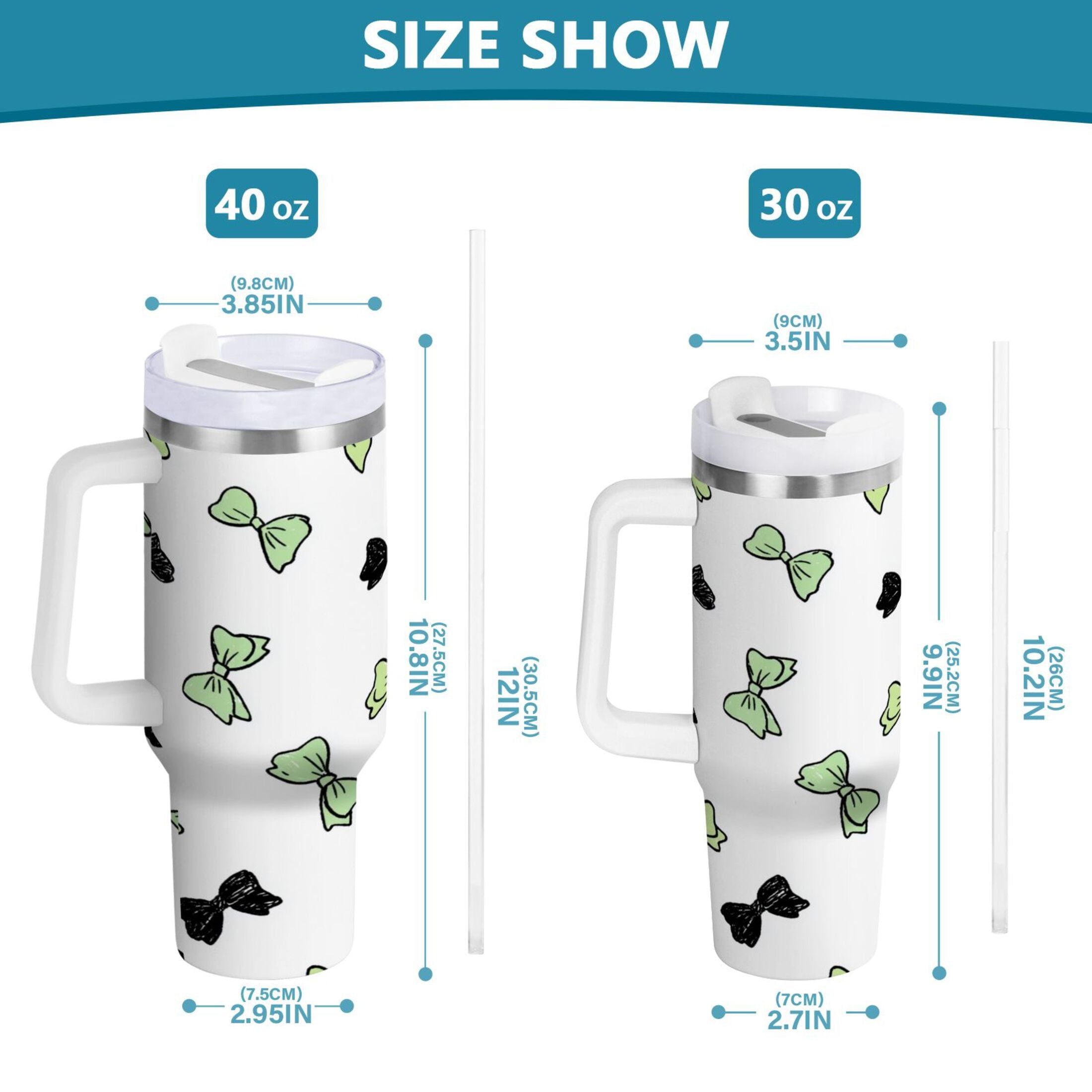 40 oz Insulated Stainless Steel Tumbler Double Wall Stainless Steel Tumbler with 2-Way Drinking Green and Black Bows - Choice 904