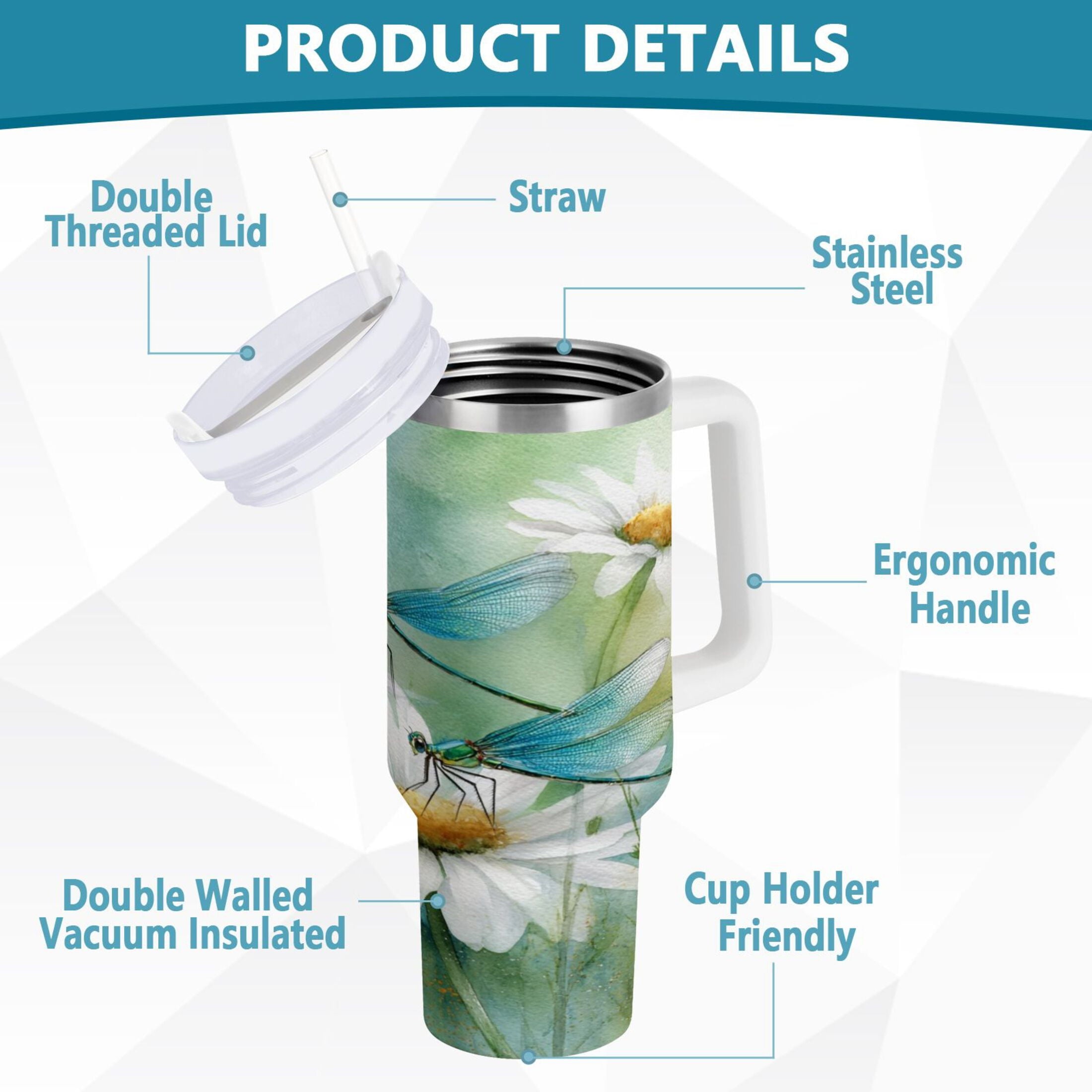 30 oz Insulated Stainless Steel Tumbler Double Wall Stainless Steel Tumbler with 2-Way Drinking Beautiful Dragonflies and Daisies - Choice 224