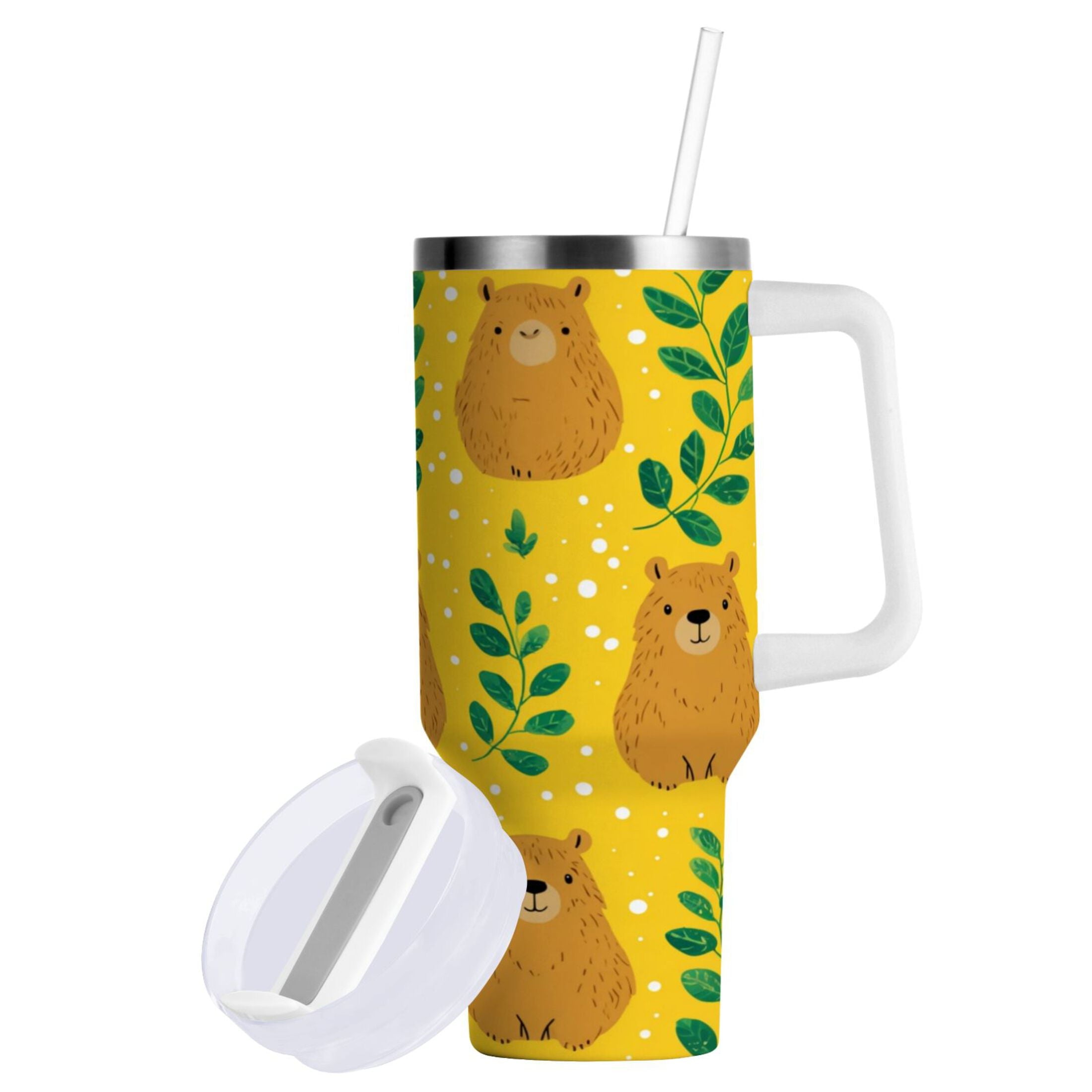 30 oz Insulated Stainless Steel Tumbler Double Wall Stainless Steel Tumbler with 2-Way Drinking Capybara and Green Leaves - Choice 877
