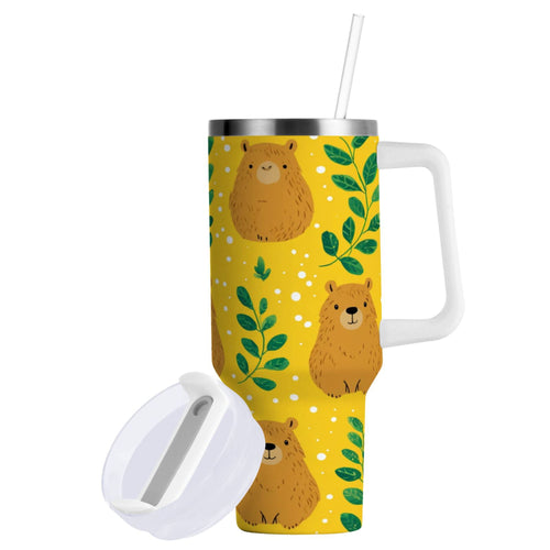 30 oz Insulated Stainless Steel Tumbler Double Wall Stainless Steel Tumbler with 2-Way Drinking Capybara and Green Leaves - Choice 877