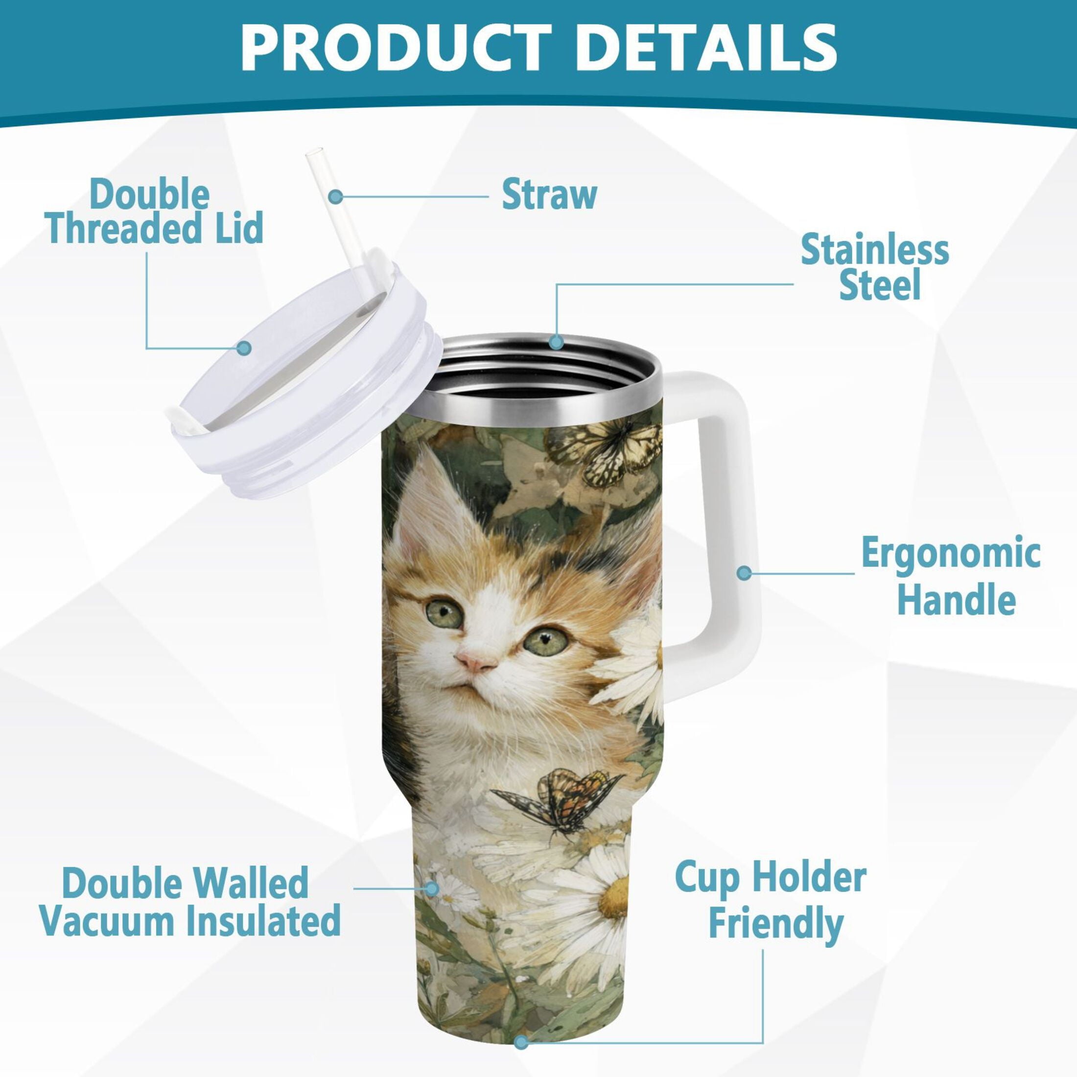 30 oz Insulated Stainless Steel Tumbler Double Wall Stainless Steel Tumbler with 2-Way Drinking Adorable Cats and Daisies - Choice 403
