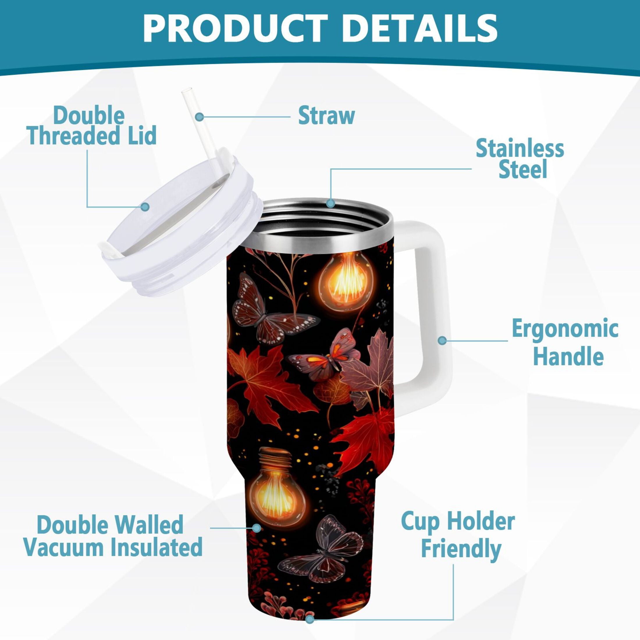 40 oz Insulated Stainless Steel Tumbler Double Wall Stainless Steel Tumbler with 2-Way Drinking Light Bulbs and Maple Leaves - Choice 202