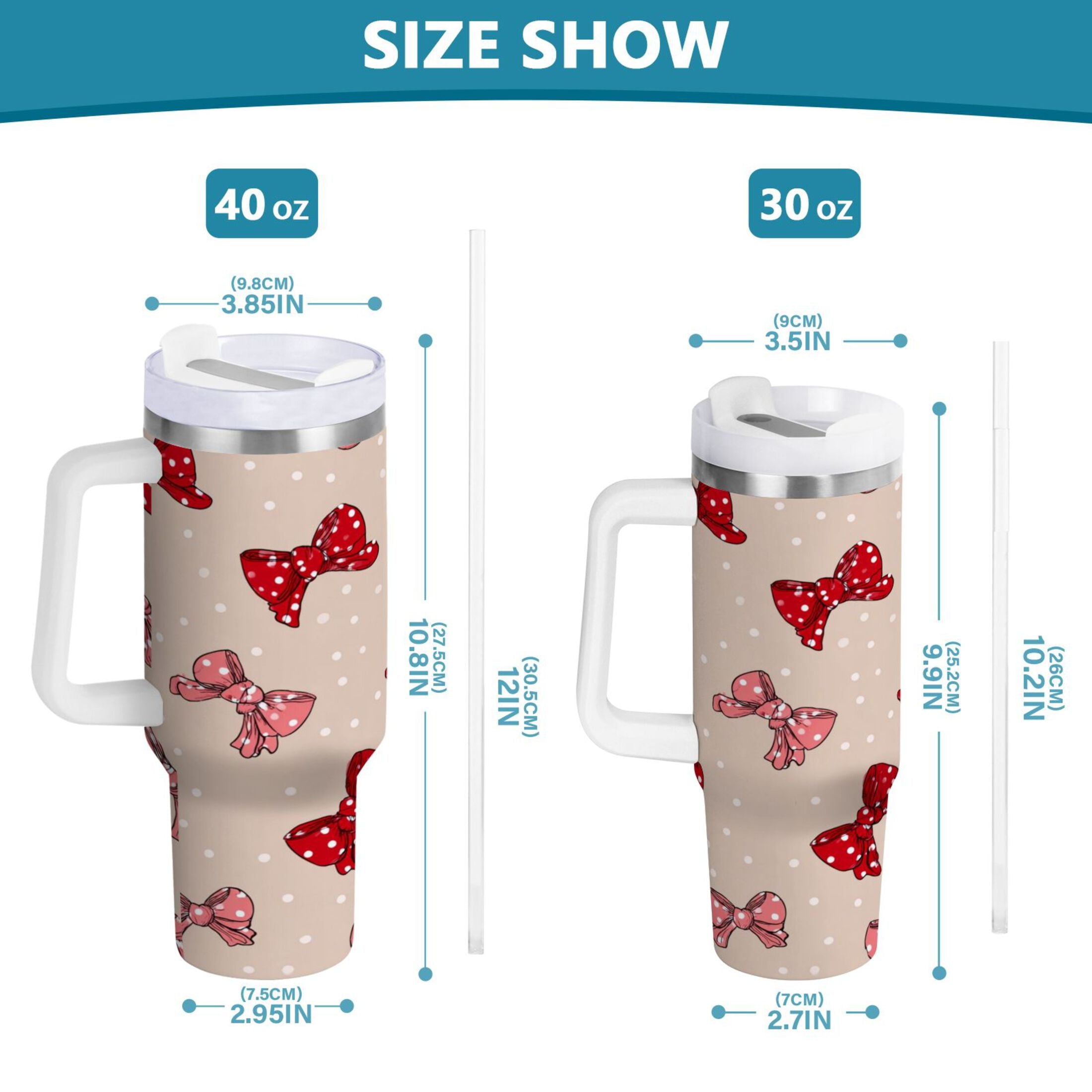 30 oz Insulated Stainless Steel Tumbler Double Wall Stainless Steel Tumbler with 2-Way Drinking Cute Red Bows Pattern - Choice 902