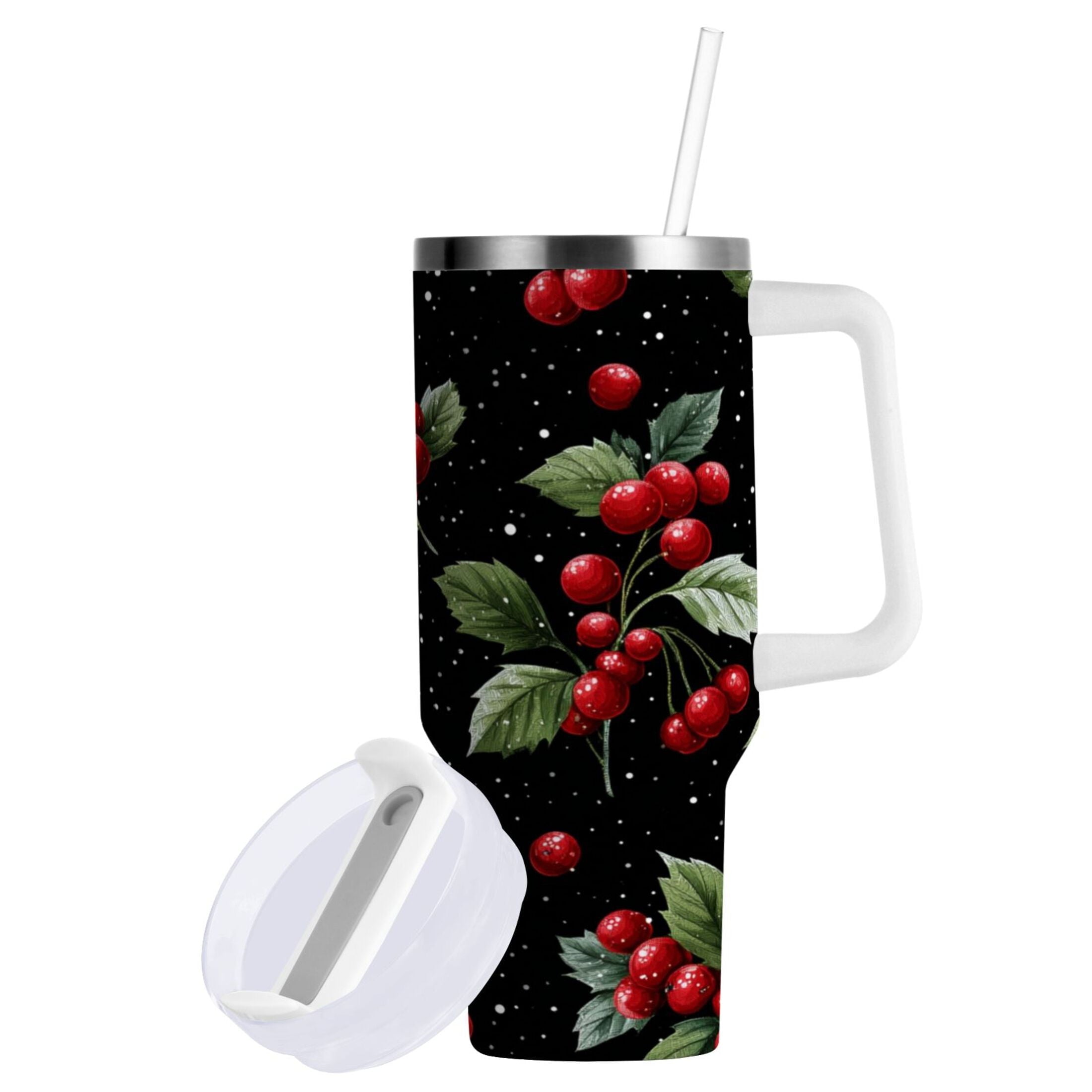 40 oz Insulated Stainless Steel Tumbler Double Wall Stainless Steel Tumbler with 2-Way Drinking Red Holly Berries Pattern - Choice 512