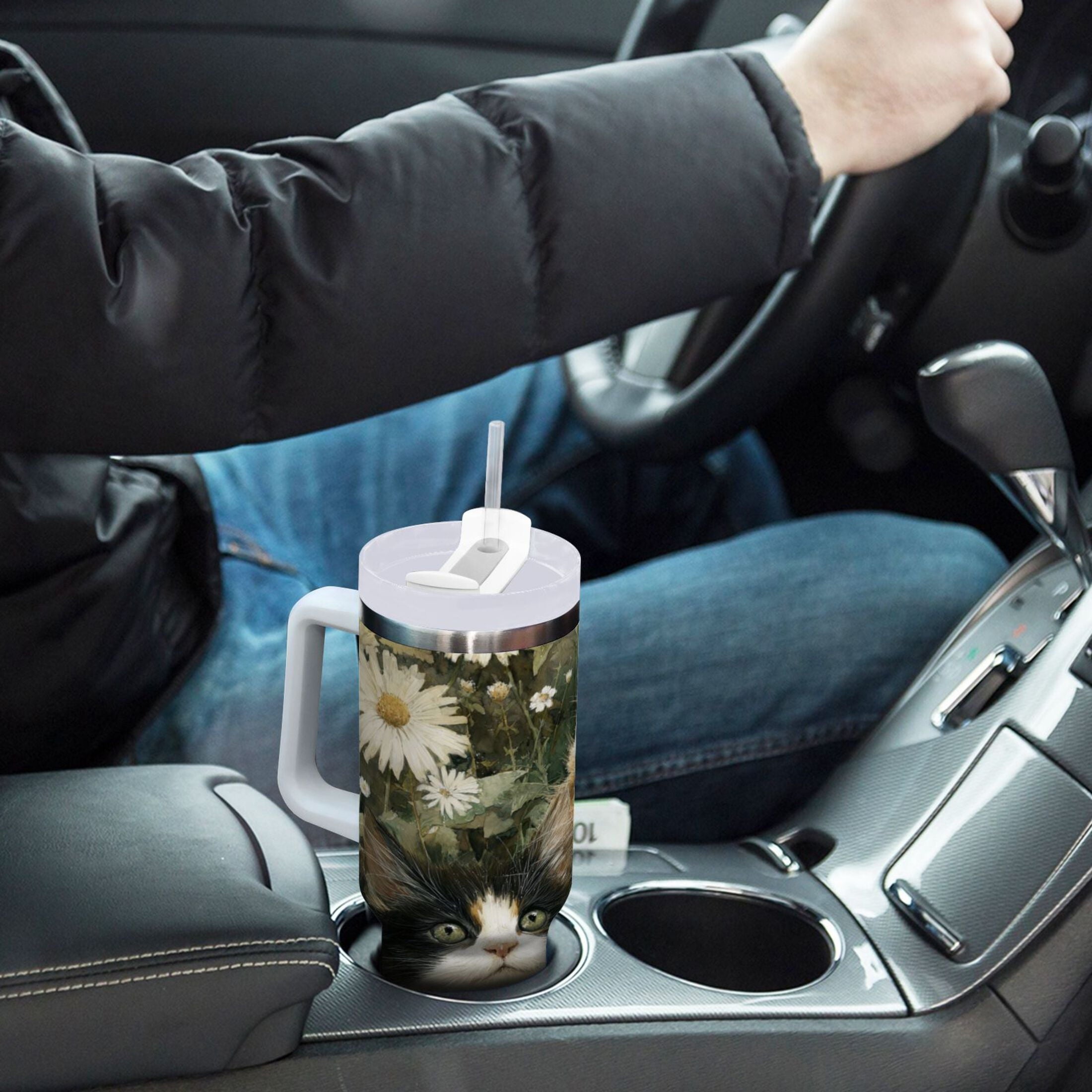 30 oz Insulated Stainless Steel Tumbler Double Wall Stainless Steel Tumbler with 2-Way Drinking Adorable Cats and Daisies - Choice 403